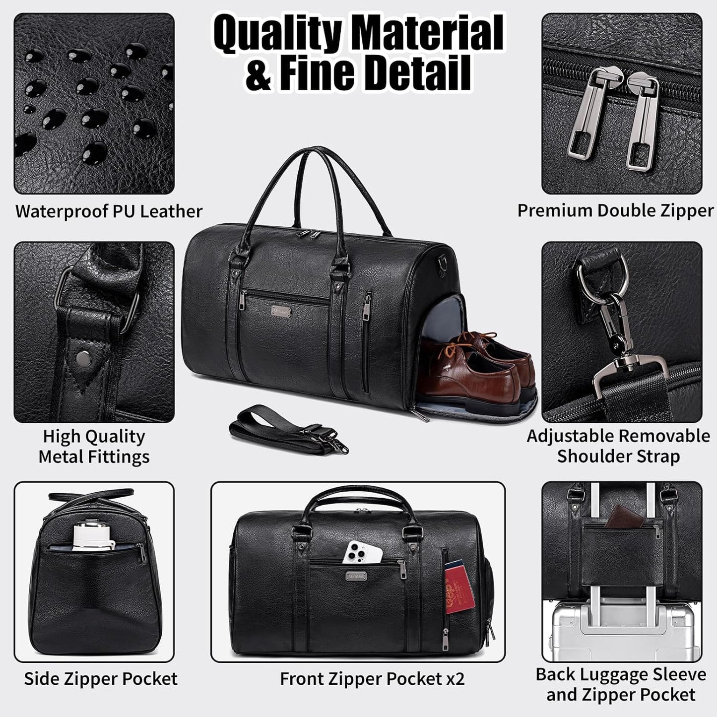 Large Leather Duffel Bag for Travel, Weekender Bag for Men or Women with Shoe Compartment, Waterproof Carry On Bag with Toiletry Bag, Travel Tote Bag with Luggage Strap (Black)