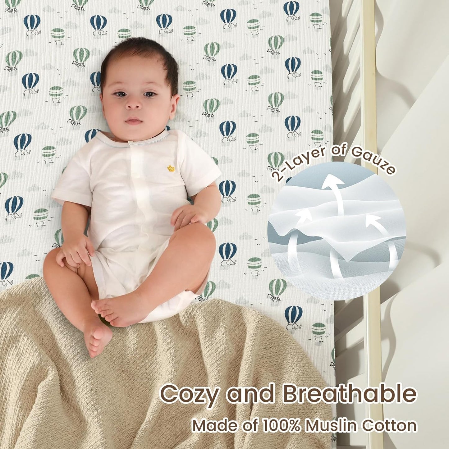 david's kids Muslin Crib Sheets for Boys Girls, 2 Pack 100% Cotton Soft Breathable Fitted Baby Sheet Set, 28x52 Inch Fits Standard Crib and Toddler Mattresses, Animals