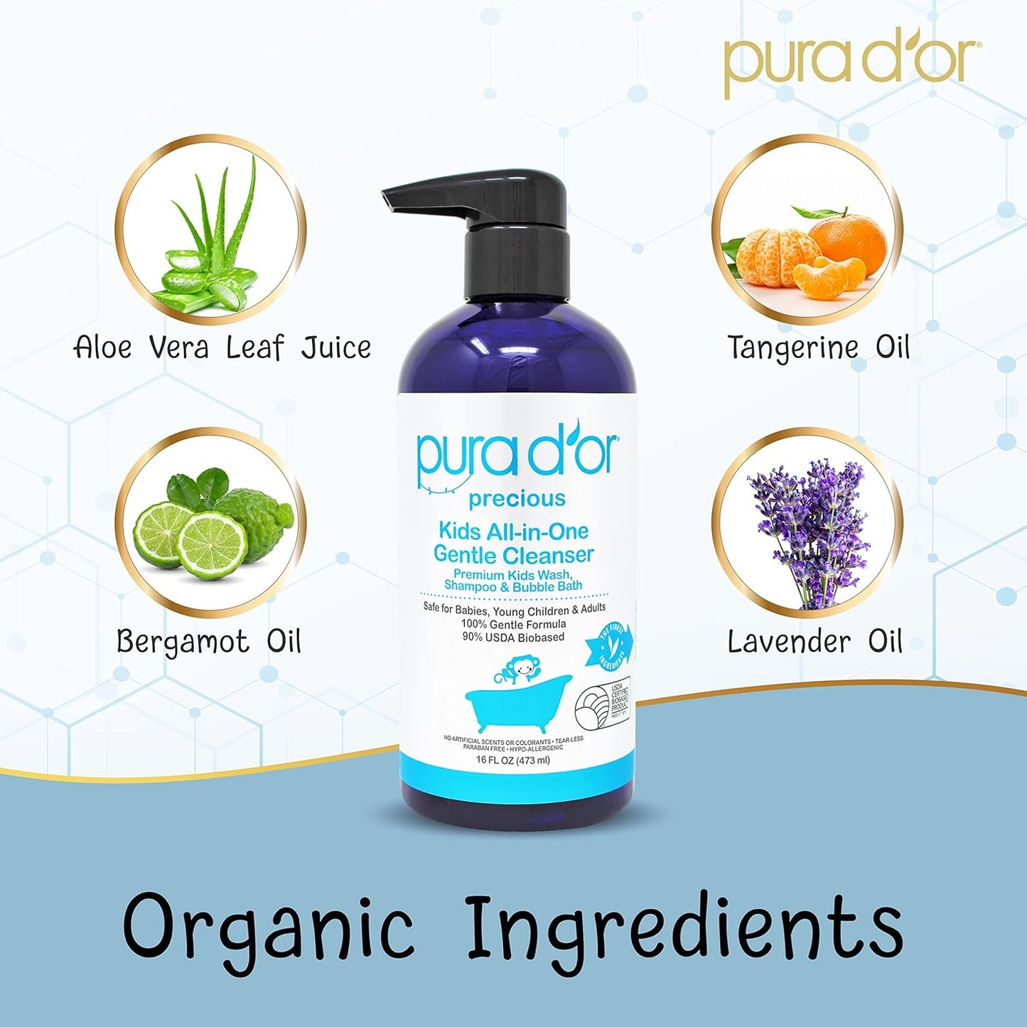 PURA D'OR Kids Wash (16oz x 3 = 48oz) All-in-One Gentle Cleanser - USDA Biobased, Sulfate-Free, Tear-Less, Hypoallergenic, Premium, Shampoo & Bubble Bath