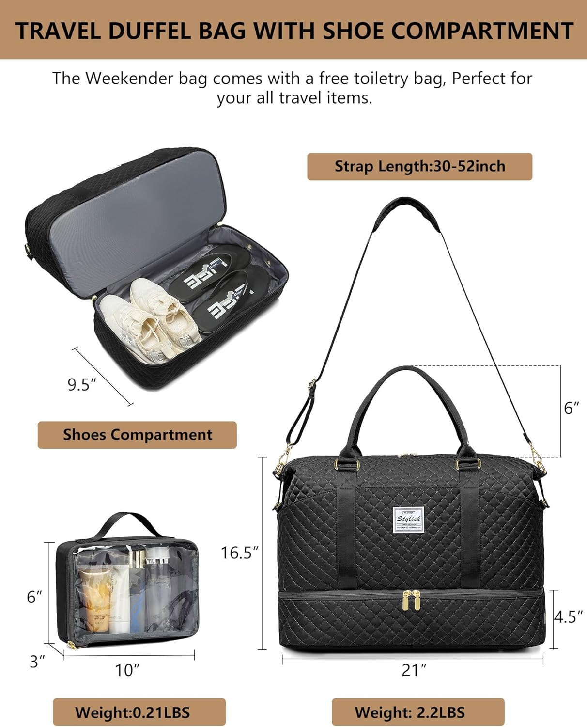 Women Weekender Travel Duffle Bags - Large Duffel Overnight Bag with Shoe Compartment & Toiletry Carry on Tote Weekend Yoga Gym Bags with Wet Pocket Hospital Bags for Labor and Delivery Black