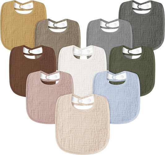 Susurration Muslin Baby Drool Bibs 10Pack Soft Square Adjustable Bandana Bibs for Unisex Baby Girls & Boys