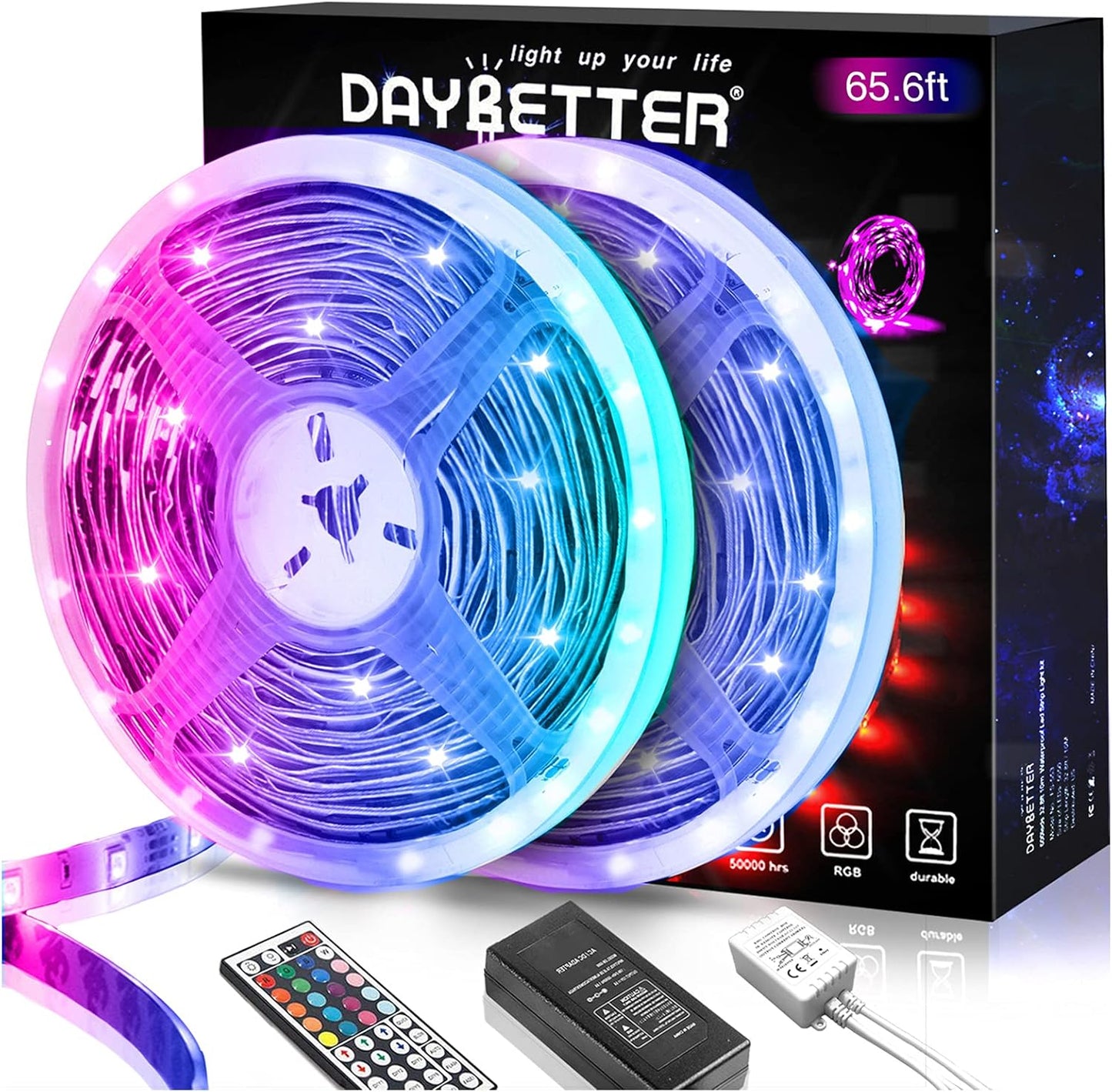 DAYBETTER LED Lights 65.6ft, 5050 RGB Led Strip Lights Flexible Color Changing Remote Control Led Light Strips, 2 Rolls of 32.8ft Led Lights for Bedroom, Living Room, Party Home Decor