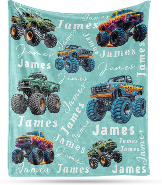 Ship Next Day, Personalized Truck Blanket - Printed in USA, Custom Name Blankets for Kids with Big Off Road Auto Vehicle Graphic, Home Bedding Decor, Fun Birthday Gift for Boys&Girls Women Man