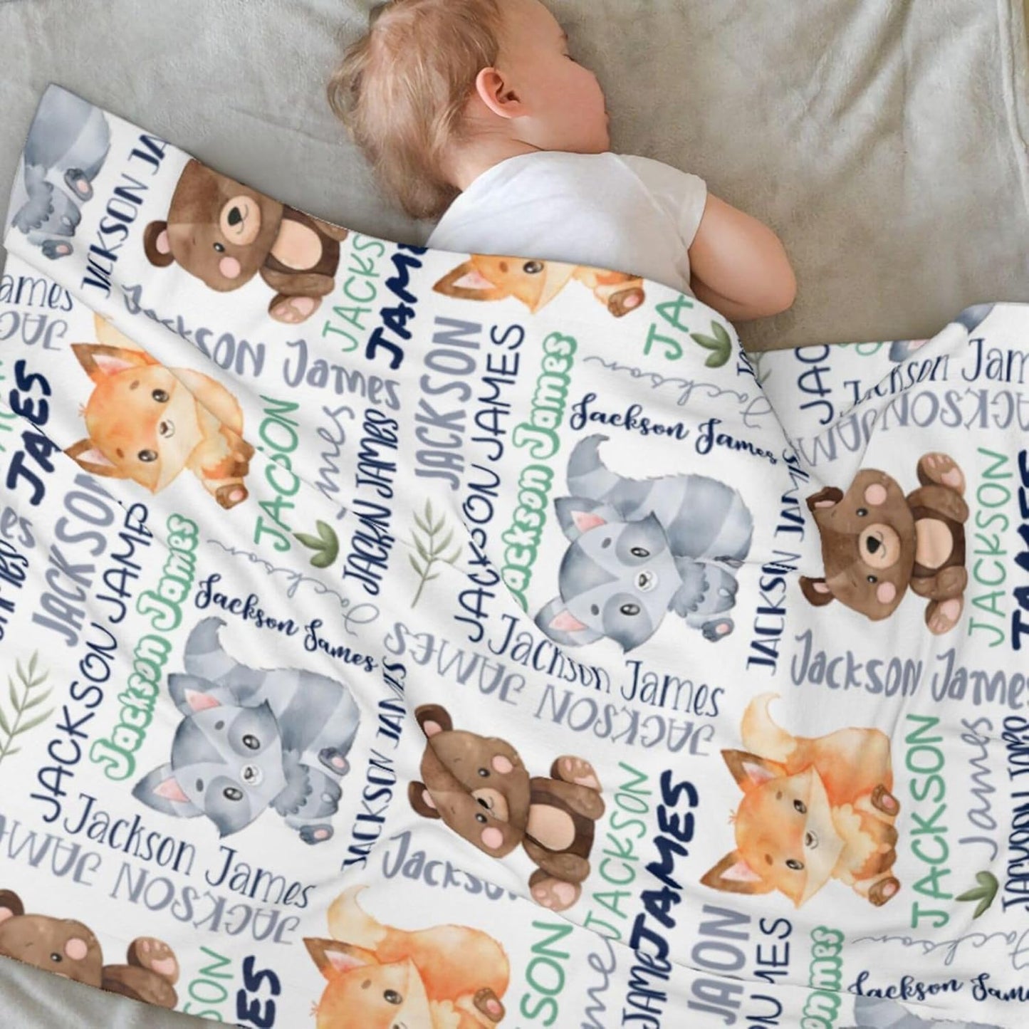 Personalized Woodland Animals Blanket - Custom with Name, Swaddle for Toddlers & Newborns