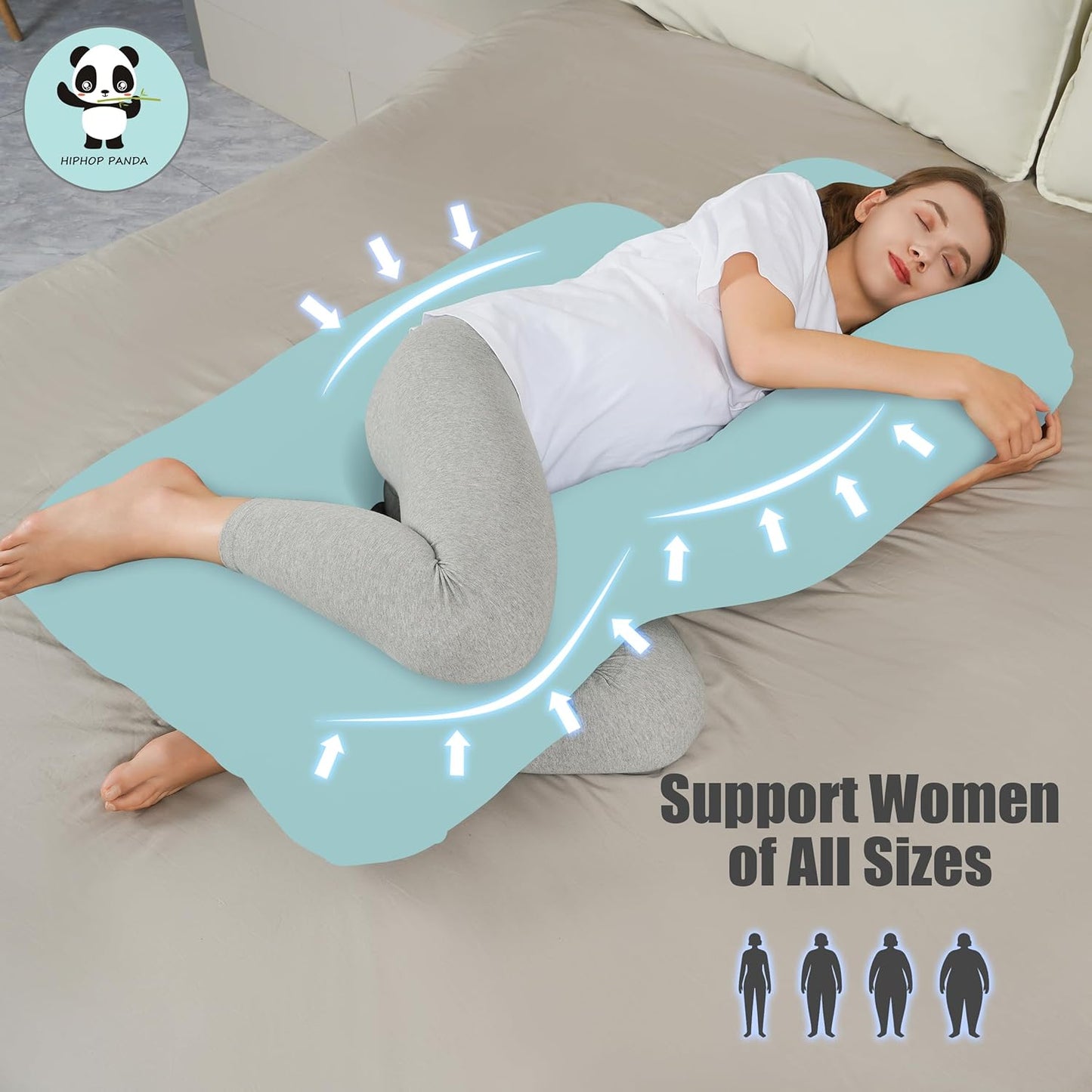 HIPHOP PANDA U-Shaped Pregnancy Pillow for Sleeping - Full Body Maternity Support Pillow with Cooling Removable Cover - Comfort for Back, HIPS, Legs, Belly - 57 Inch for Pregnant Women, Ice Blue