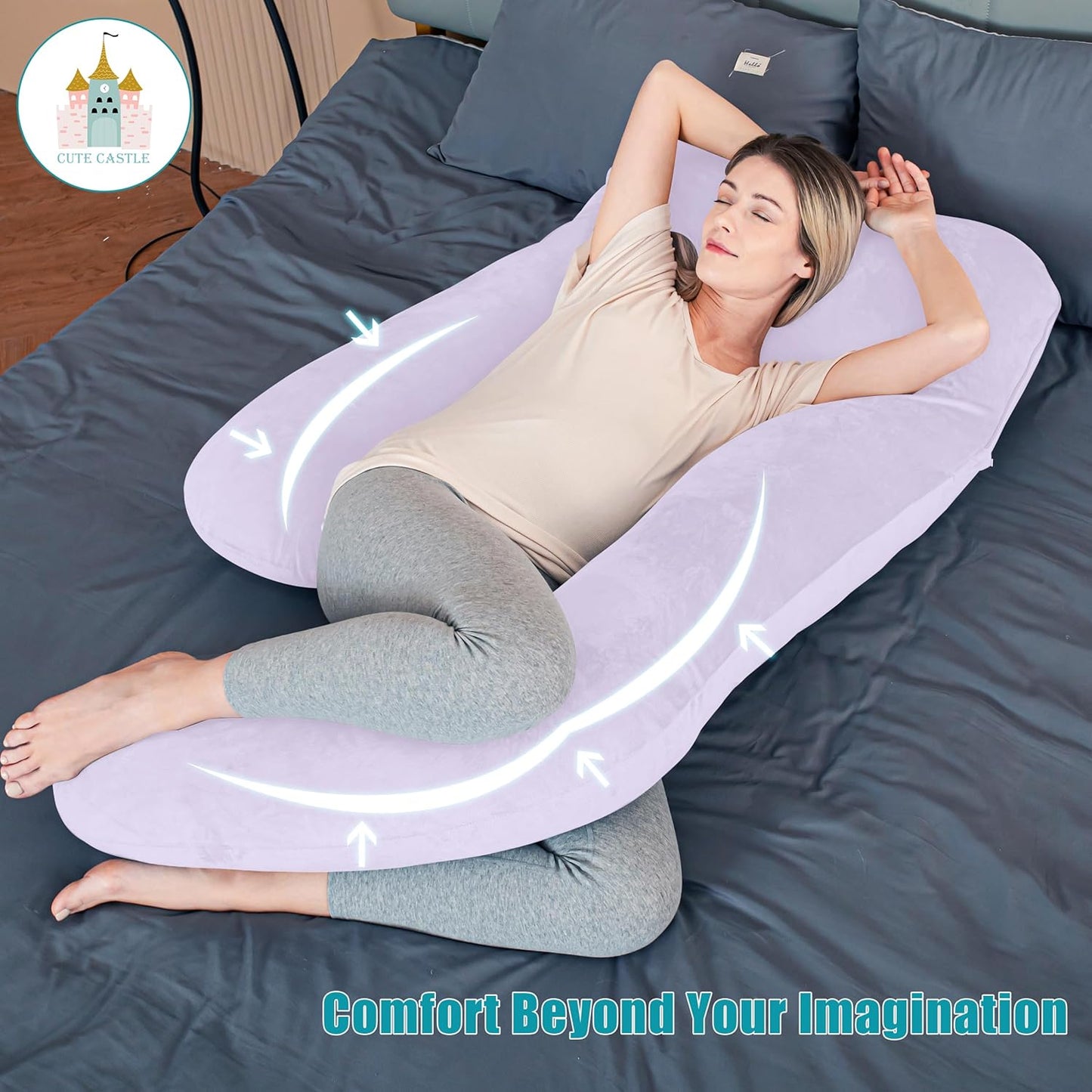 Cute Castle Pregnancy Pillows, Soft U-Shape Maternity Pillow with Removable Cover - Full Body Pillows for Adults Sleeping - Pregnancy Must Haves - Jumbo 57 Inch - Purple