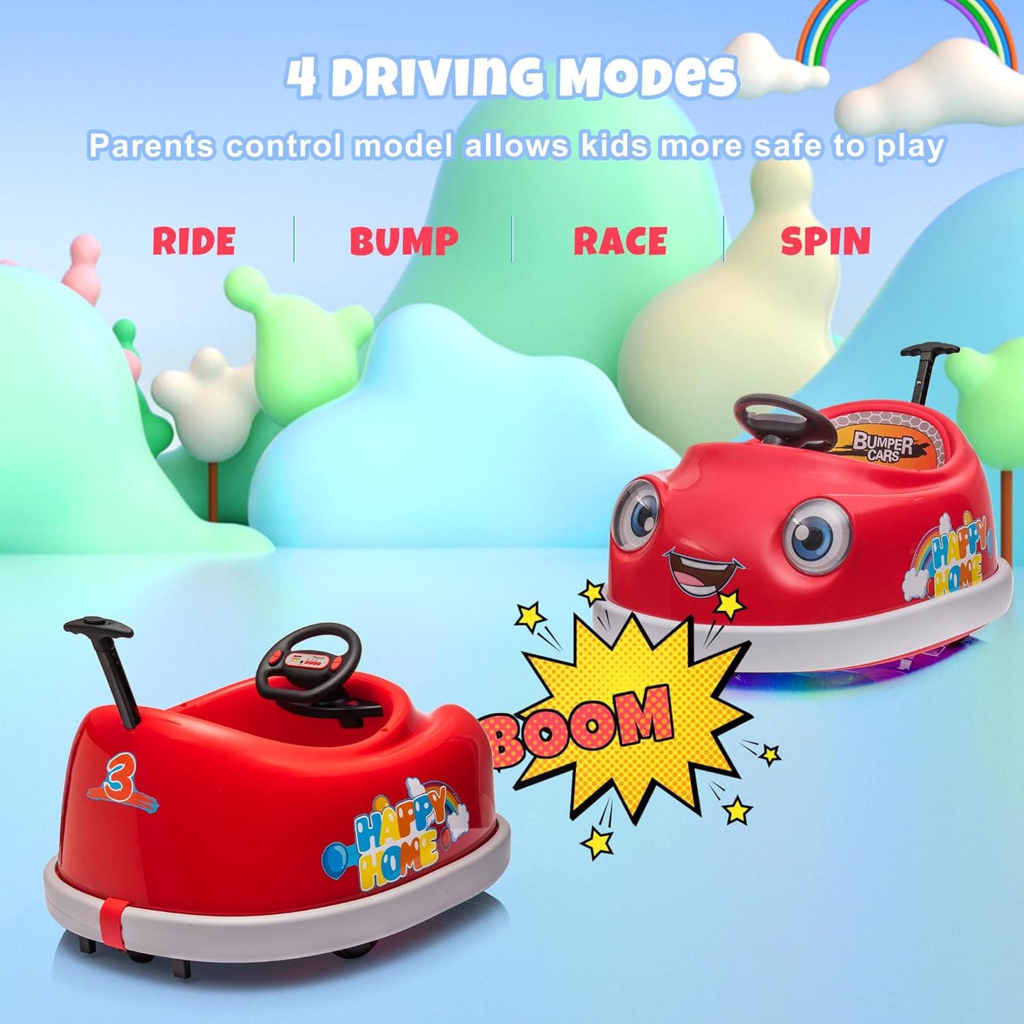 12V Dual Battery Electric Ride on Kids Bumper Car w/Remote Control,360 Degree Spin,Push Rod Rocker Horse Function,3-Speeds Babies & Toddlers Bumping Car Ride on Toy Gift for 1-4 Years Children (Red)