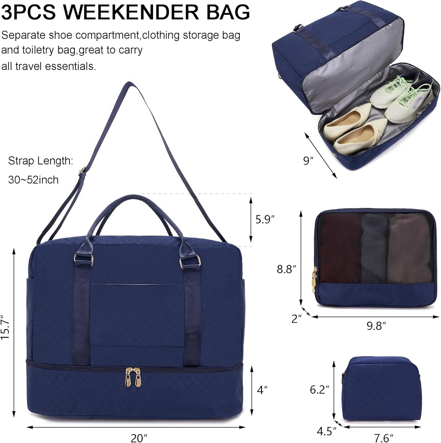 Soperwillton Women Travel Duffel Bags Carry On Overnight Bag with Shoe Compartment & Toiletry Pouch Gym Bag with Wet Pocket