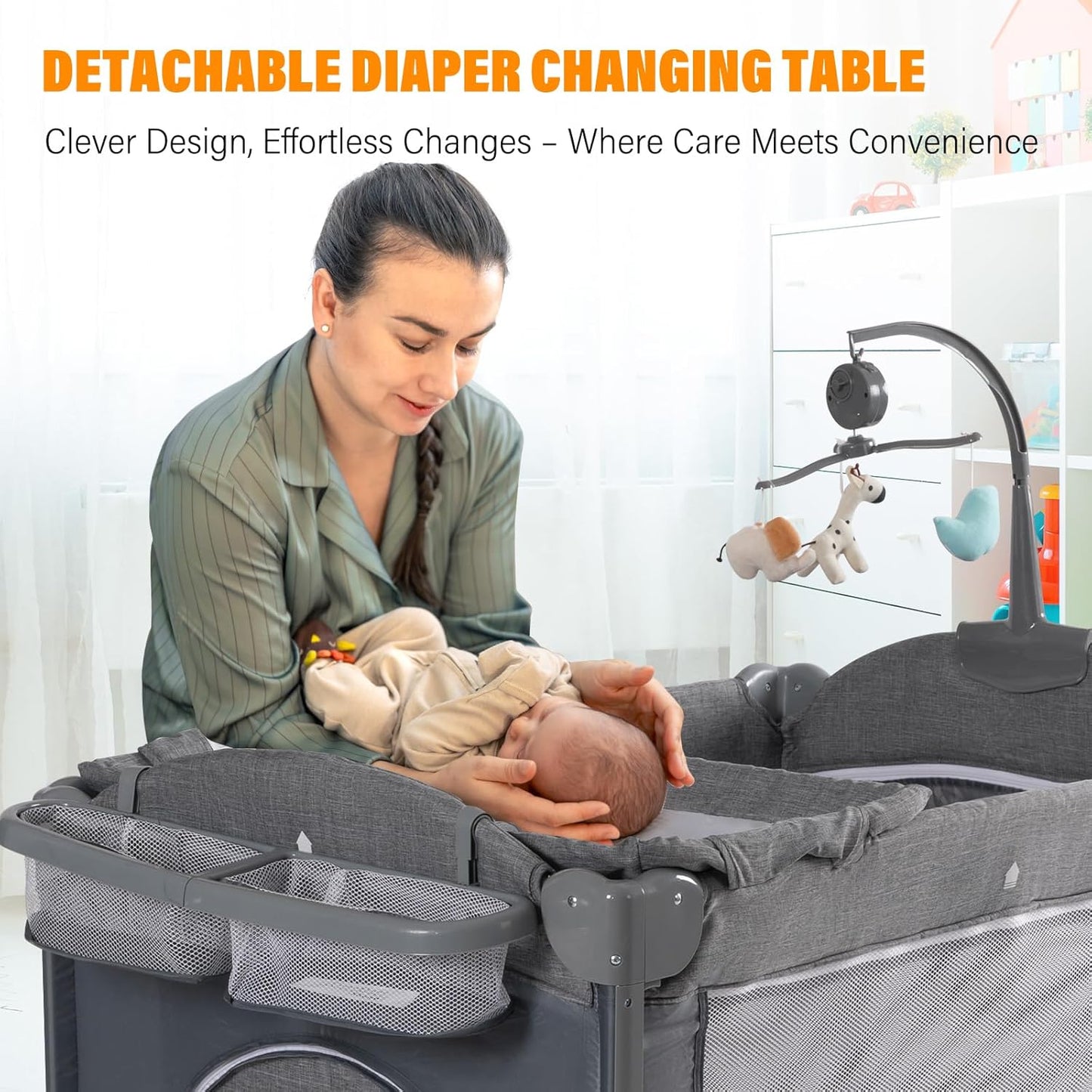 5 in 1 Baby Bassinet, Bedside Cribs, Pack and Play Changing Table, Portable Travel Baby Bassinet Toys & Music Box,Mattress for Girl Boy Infant Newborn (Grey)