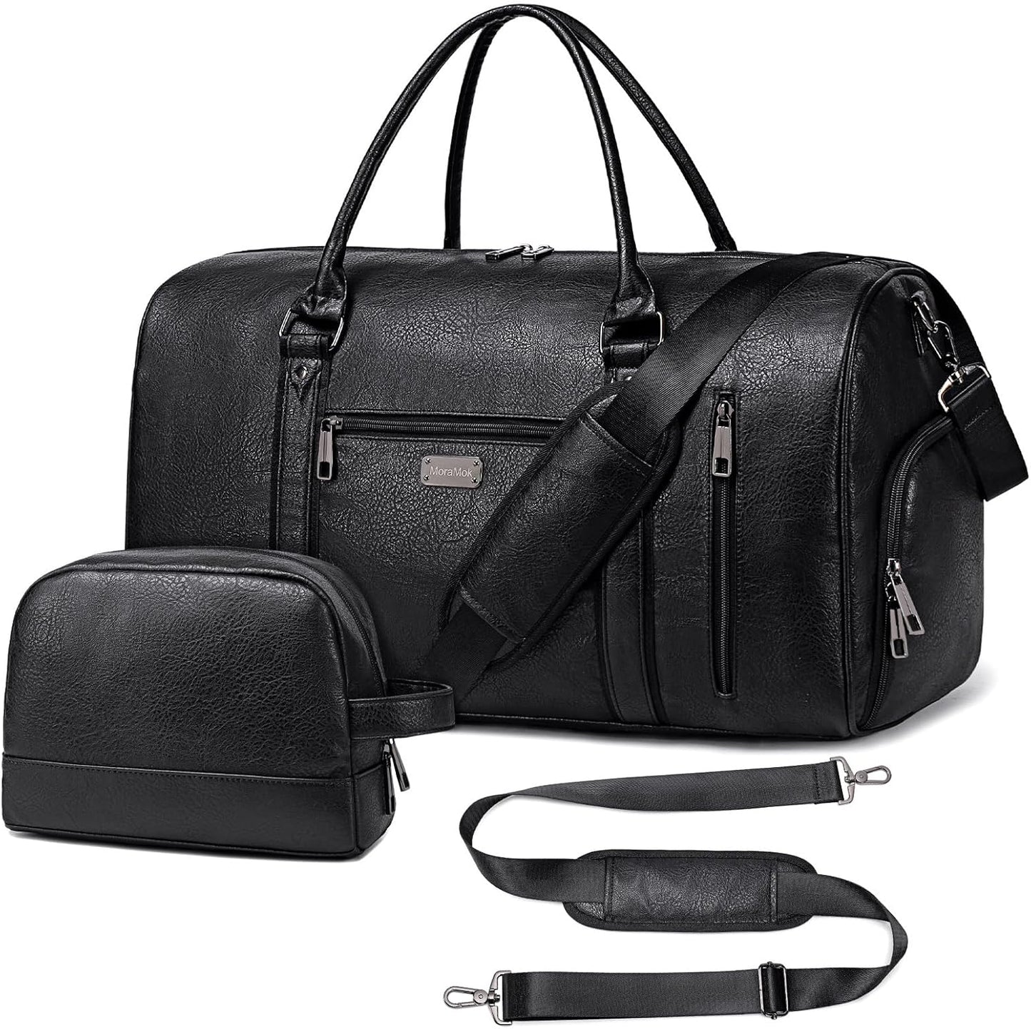 Large Leather Duffel Bag for Travel, Weekender Bag for Men or Women with Shoe Compartment, Waterproof Carry On Bag with Toiletry Bag, Travel Tote Bag with Luggage Strap (Black)