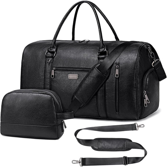 Large Leather Duffel Bag for Travel, Weekender Bag for Men or Women with Shoe Compartment, Waterproof Carry On Bag with Toiletry Bag, Travel Tote Bag with Luggage Strap (Black)