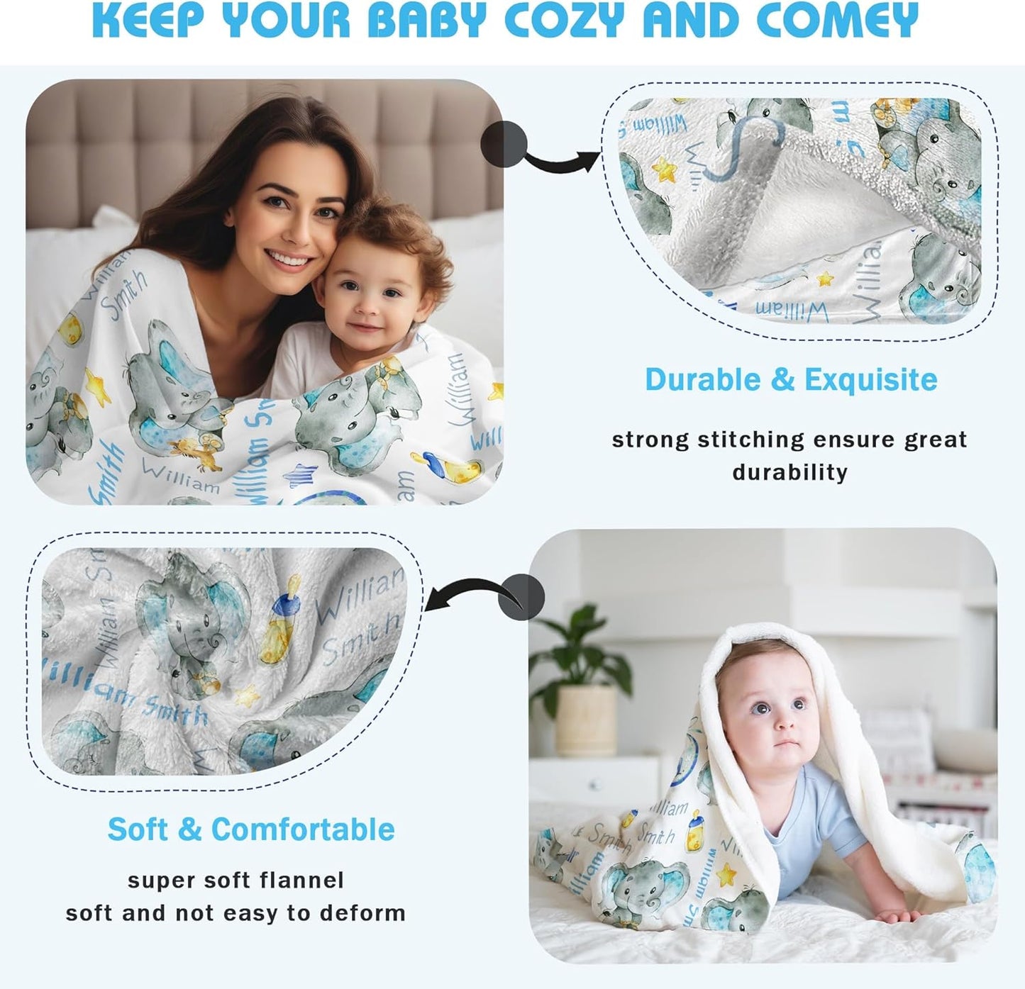 Personalized Elephant Baby Blanket for Boy Girl Custom Name Blanket for Baby Shower Customized Birthday Christmas Newborn Gifts