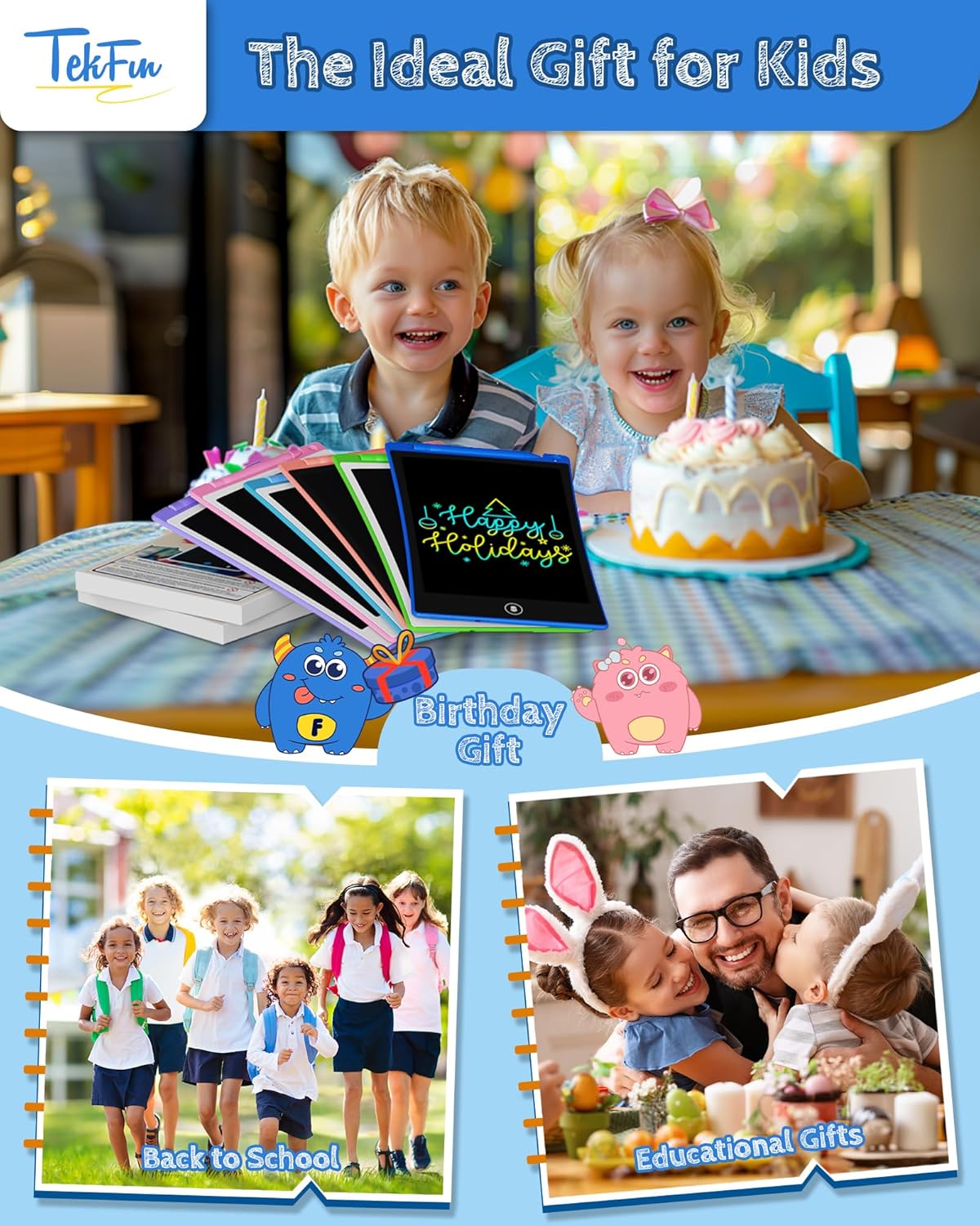 TEKFUN Toys for Kids, 10in 2 Pcs LCD Kids Writing Tablet Erasable Doodle Board Reusable Drawing Pad for Kids Boys with Anti-Lost Stylus, Car Trip Blue Toys Christmas Birthday Gift for Ages 3 4 5 6 7