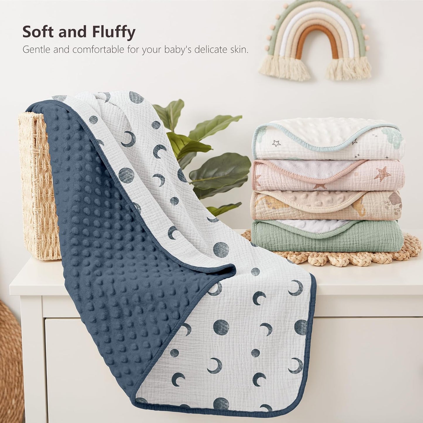 Susurration Baby Blanket for Unisex Boys Girls, Soft Nursery Minky Blanket with Muslin Cotton Front and Dotted Fleece Back, Receiving Blanket for Baby Newborn Infant, 30x40inch (Bluemoon)