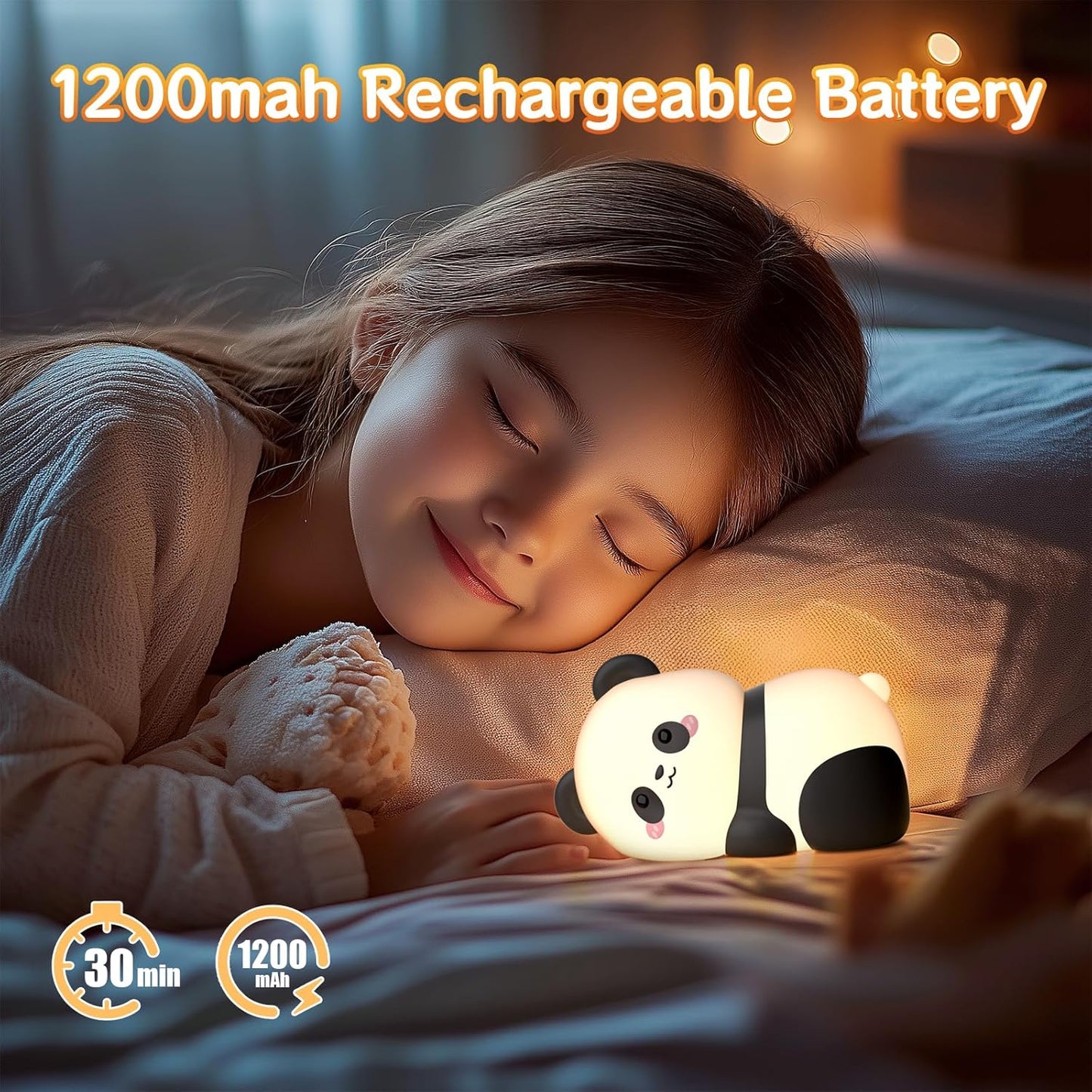 Lying Panda Night Light, Cute Baby Light 3 Level Dimmable, Nursery Nightlight for Snoothing, Sleeping Companion, Auto-Off 30Min Timer, Rechargeable Battry Cordless,