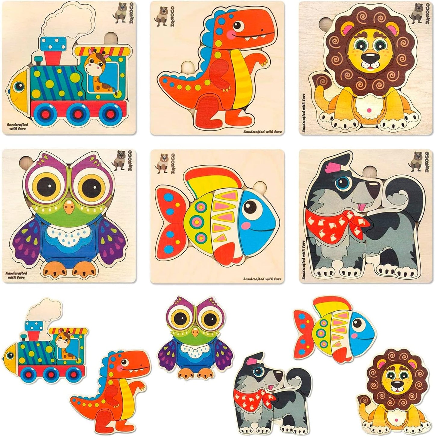 QUOKKA Wooden Puzzles for Toddlers 3-4 - 6XSET Toddler Puzzles Ages 3-4 - Wood Learning Montessori Toys 3-5 Year Old - Preschool Animal Travel Game Gift for Boys & Girls