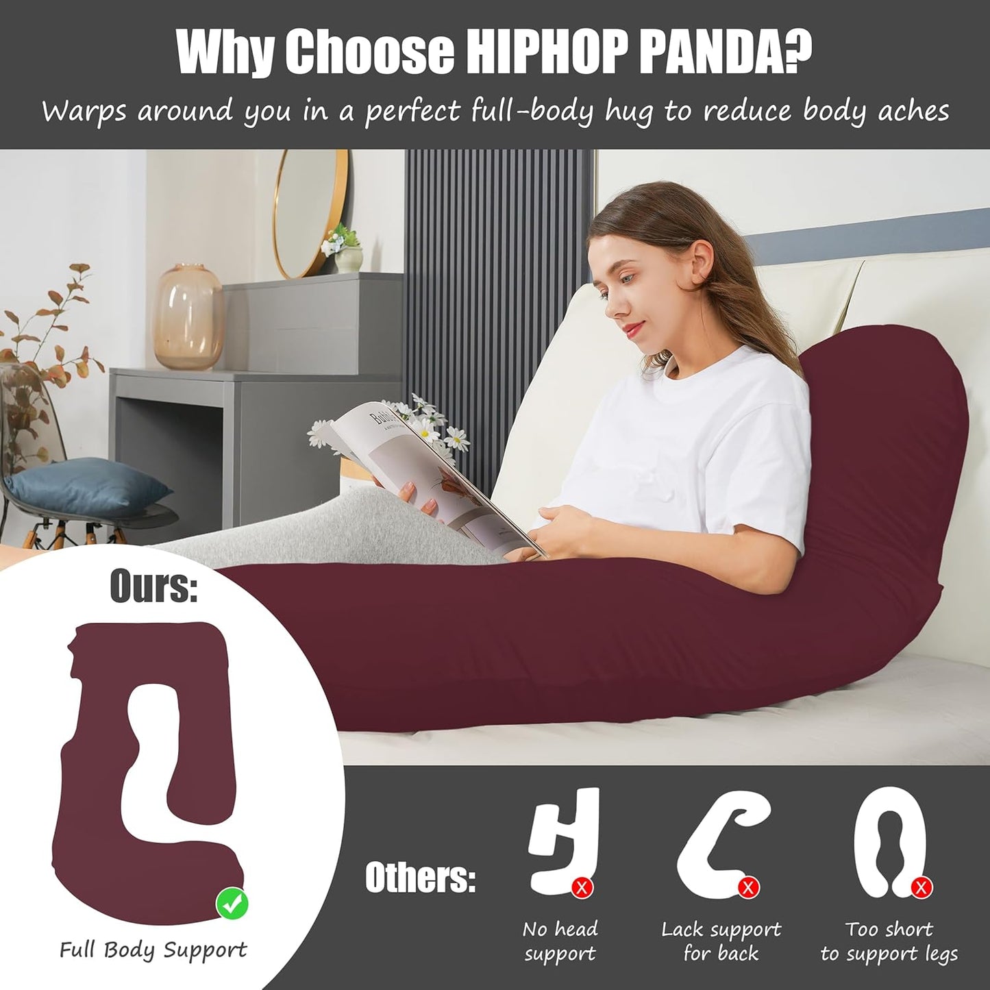 HIPHOP PANDA U-Shaped Pregnancy Pillow for Sleeping - Full Body Maternity Support Pillow with Removable Cover - Comfort for Back, HIPS, Legs, Belly - 57 Inch for Pregnant Women, Burgundy