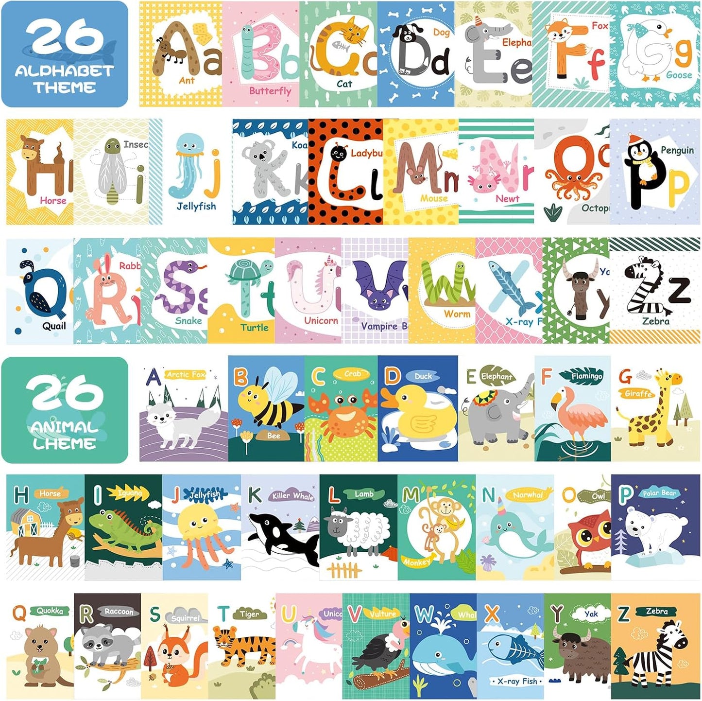 Jollybaby Reusable Soft Cloth ABC Alphabet/Letters Animal Flash Cards for Baby 0-3-6-9-12-18 Month, Curious Baby First Words Learning Activity Flashcards, Tummy Time Toy Gift for 1 Year Old Boy Girl