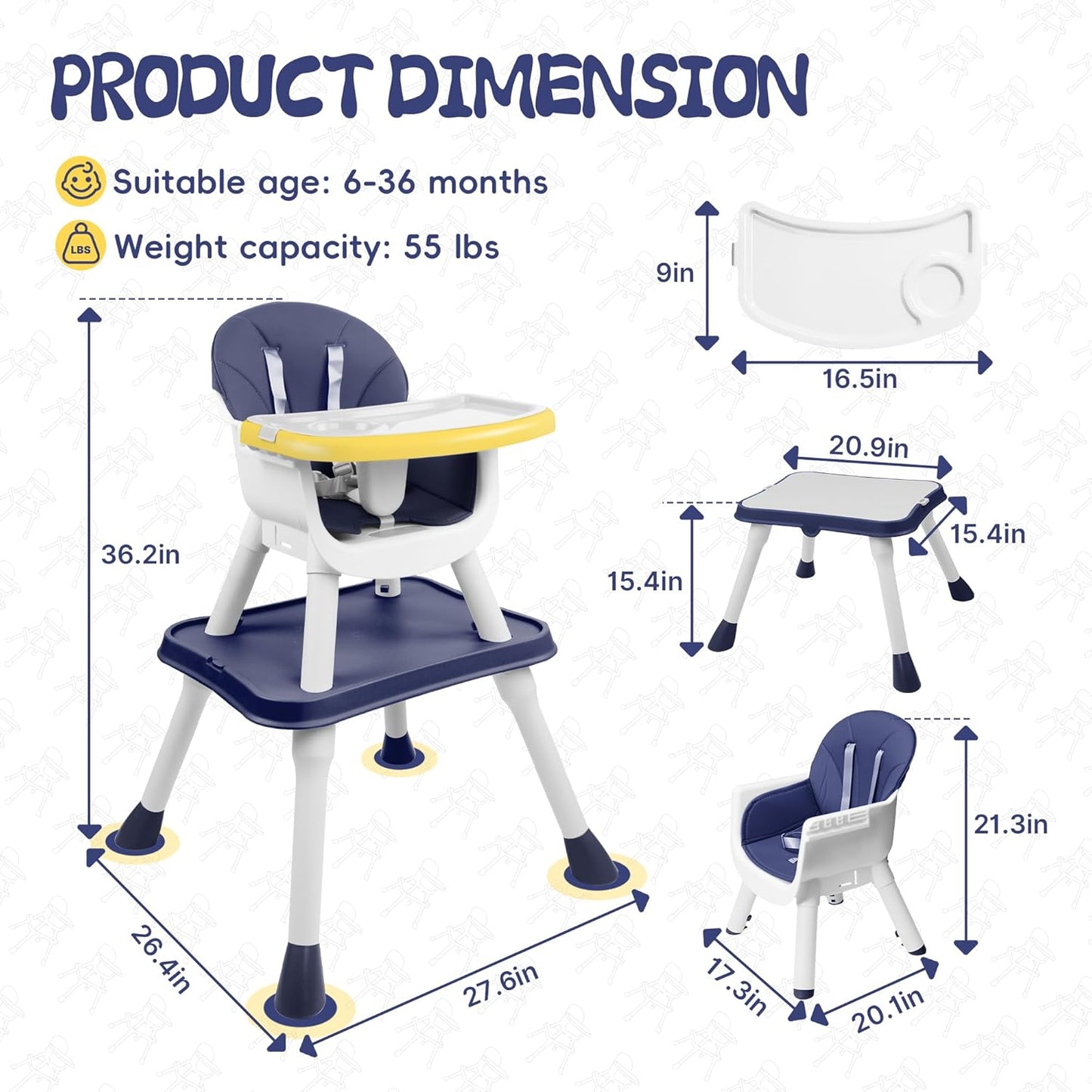 4 in 1 Baby High Chair, Toddler Chair with Removable Tray, Convertible High Chairs for Babies and Toddlers, Kids Learning Table, Building Block Table, Dining Booster Seat with Safety Harness, Blue