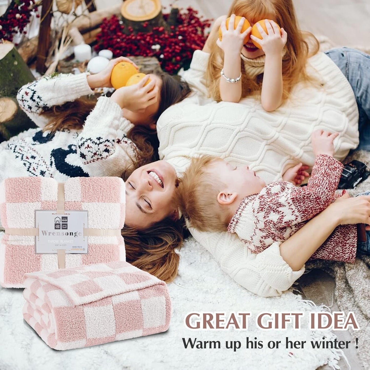 WRENSONGE Checkered Throw Blanket, Pink Soft Cozy Fluffy Warm Hand Made Weave Throw Blankets for Couch, Sofa, Chair, Bed, Camping, Picnic, Travel Lightweight Bed Blanket - 60 * 80