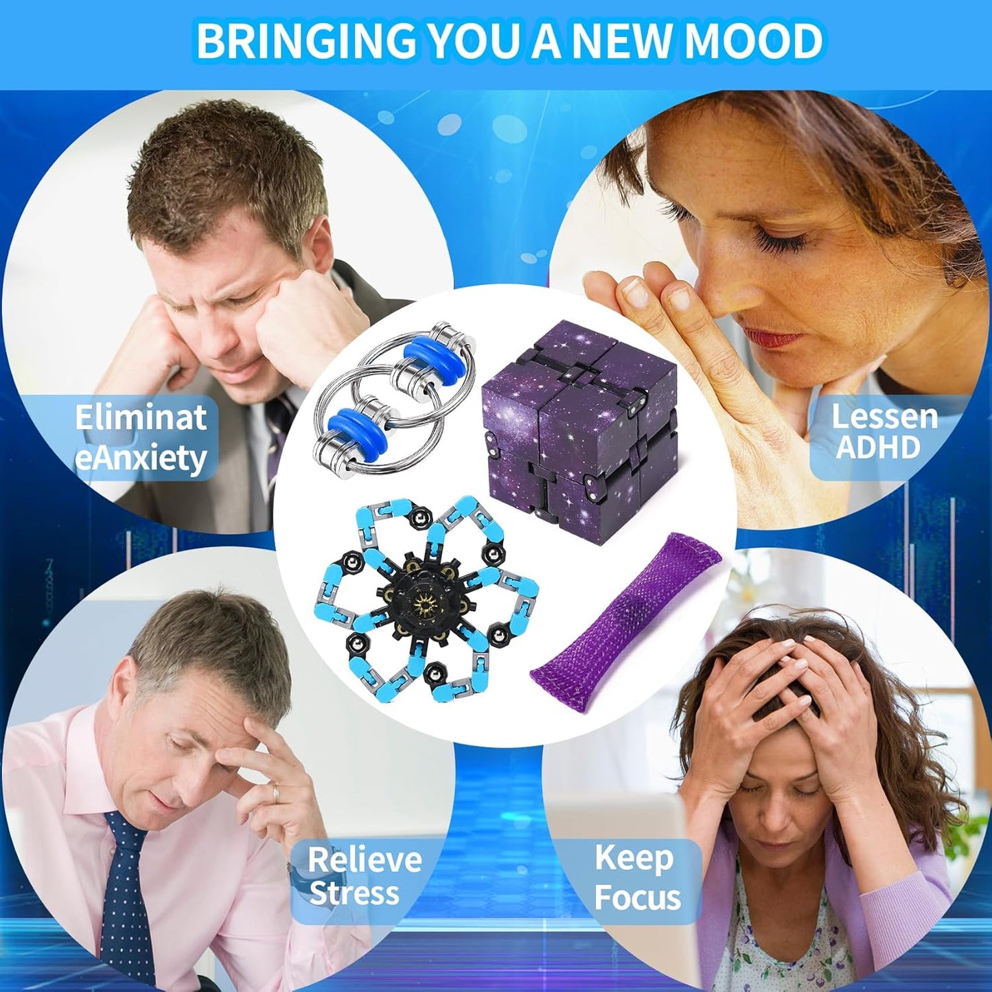 8Pcs Fidget Cube Toys Pack - Flippy Chain Fidget Spinner Galaxy Fidget Cube Slient Sensory Fidget Toys Set for Office Desk Adult Fidgets for Anxiety and Stress Cool Toys Christmas Toys