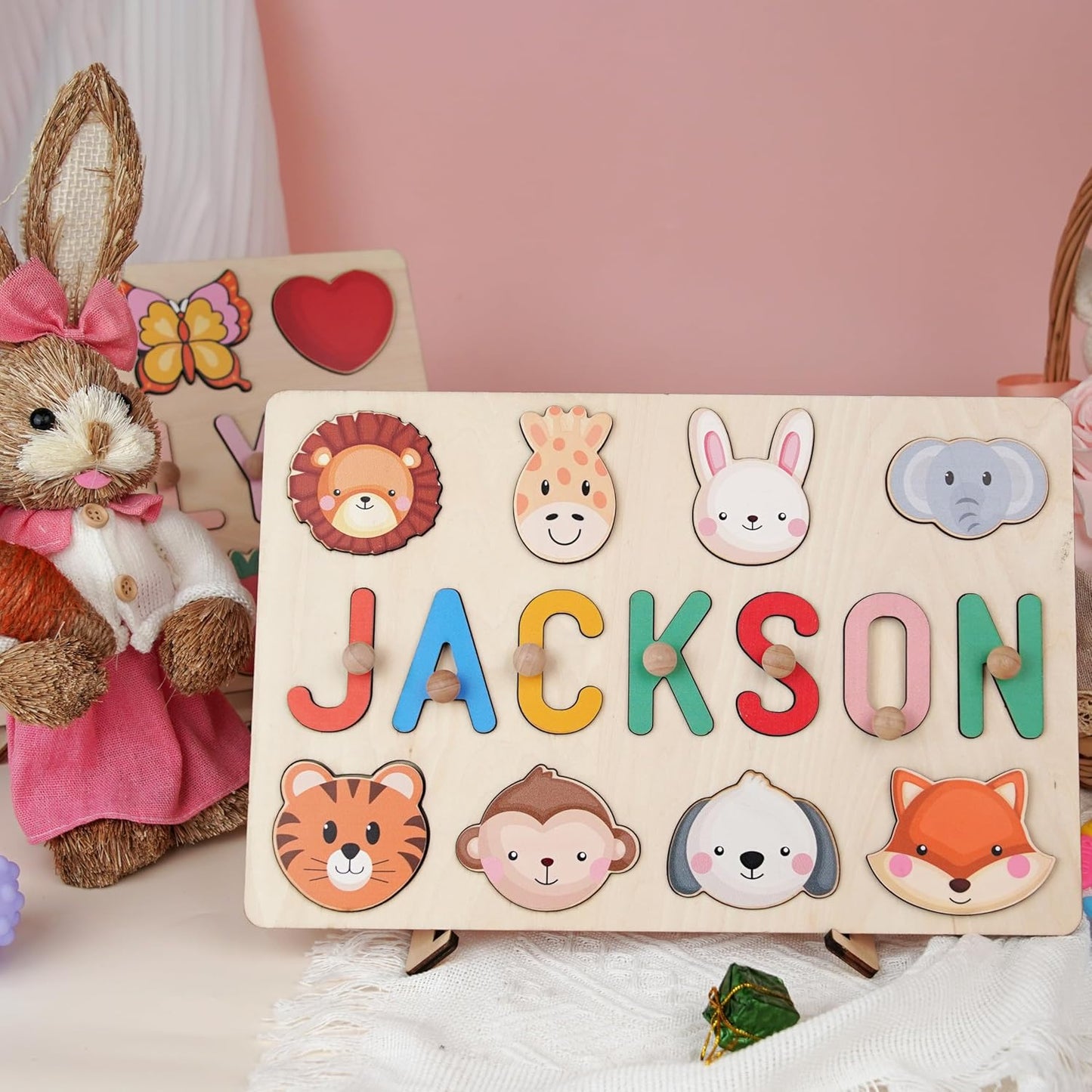 Personalized Name Puzzle for Kids, Personalized Baby Gifts Name Puzzles for Toddlers 1-3 with Pegs Engraved Text Greetings on Back, 1st Birthday Christmas Easter Gifts for Boys&Girls, Montessor Toys