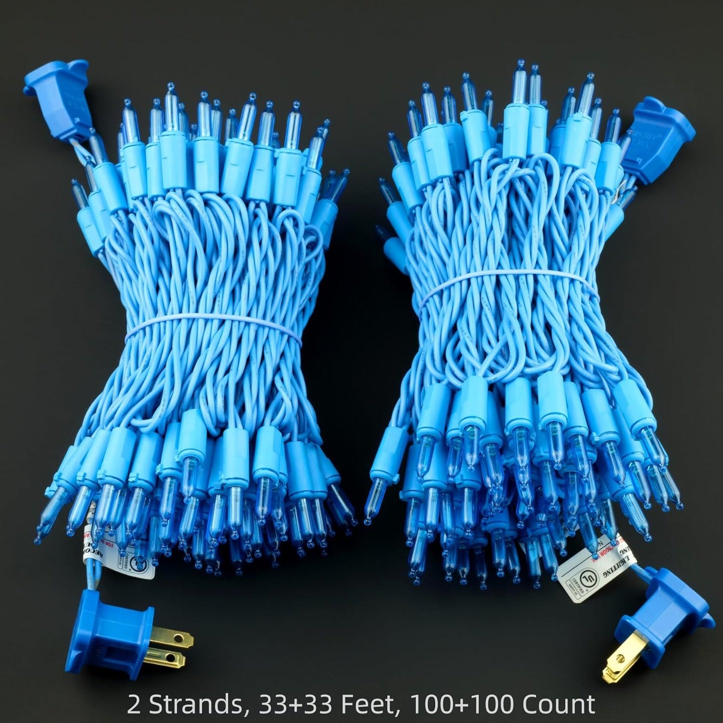 YULETIME 200 Blue LED Christmas Lights with Blue Wire, Pack of 2 Strands 33 Feet 100 Lights UL Certified Holiday String Light Set