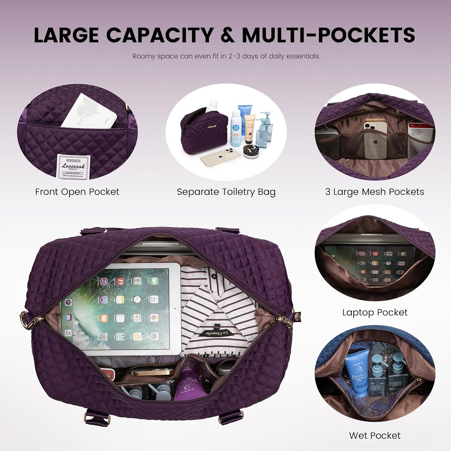 LOVEVOOK Travel Duffle Bag,Weekender Bags for Women with Shoe Compartment，Carry on Overnight Bag with Toiletry Bag,Gym Duffel Bag with Wet Pocket, Hospital Bags for Labor and Delivery