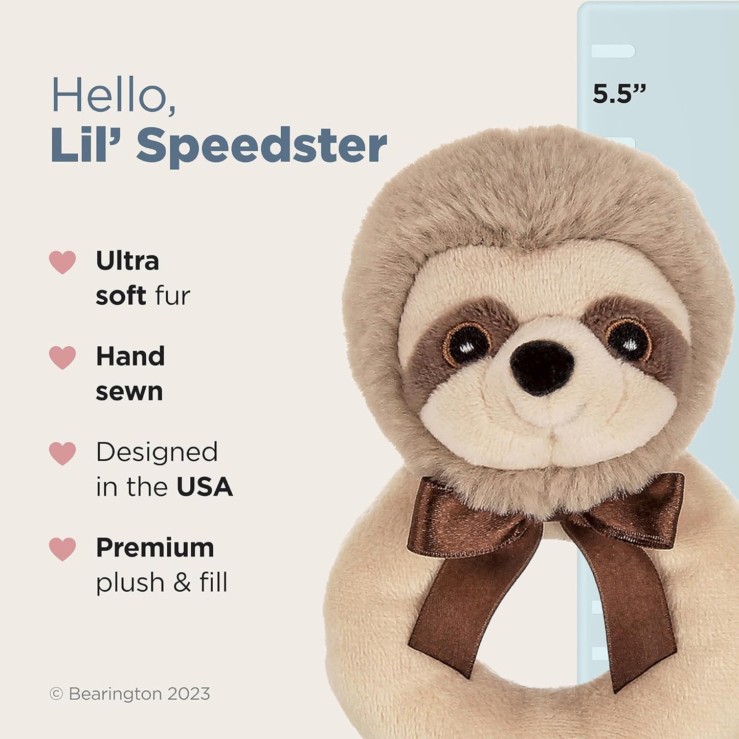 Bearington Baby Lil’ Speedster - 5.5 Inch Sloth Plush Stuffed Animal Soft Ring Rattle, Sloth Baby Stuff - Newborn Toy Plush Animal
