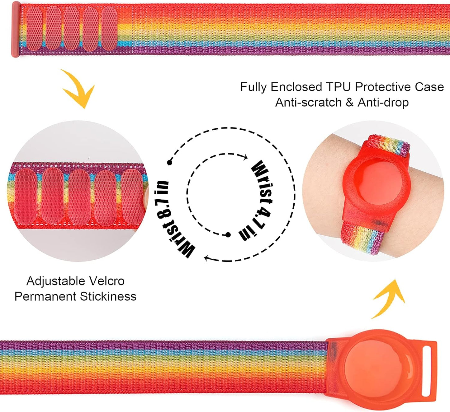 AirTag Bracelet for Kids, Apple Air Tag Protective Cover with Nylon Wristband, Anti Lost GPS Trackers Case Cover Elastic Watch Band for Toddlers Girls Boys Elders (Light Rainbow)