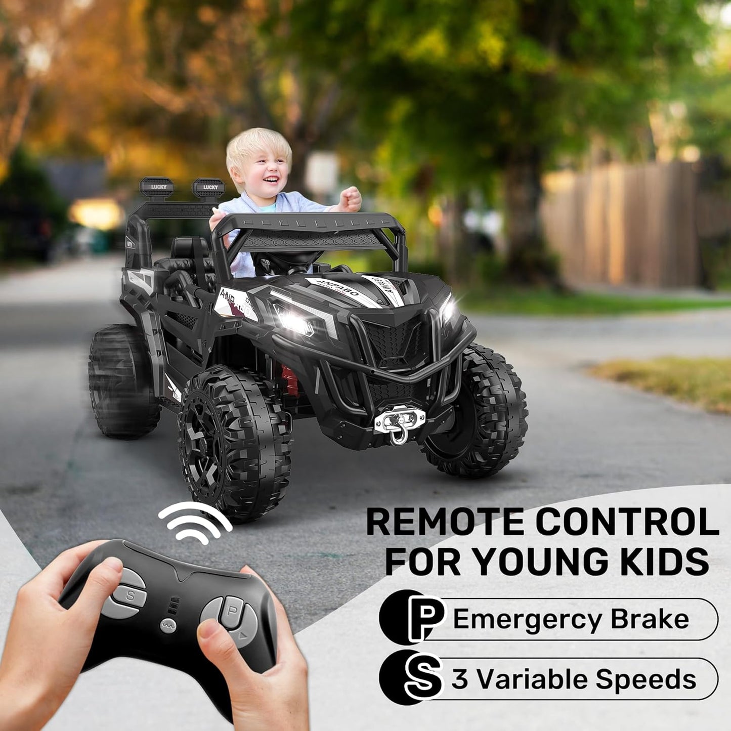 ANPABO 24V 4X4 Ride on Car Truck w/Remote Control, 4WD/2WD Switchable Kids UTV, 19" Spacious Seat, 4 Shock Absorbers, Soft Start, Music Player, Electric Car for Kids Ages 3+(Black