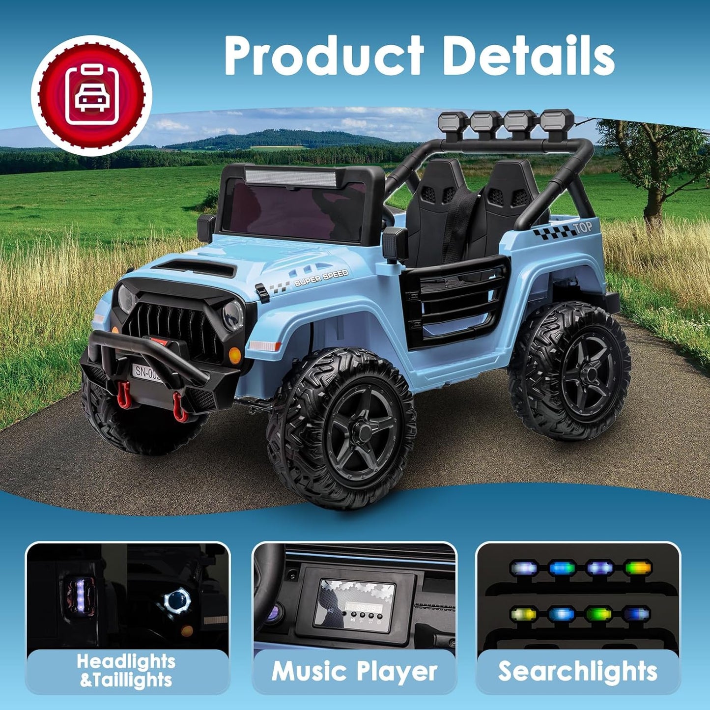 24V 2 Seater Ride On Truck with Remote Control 4WD Electric Car for Kids Ride On Car Battery Powered Ride On Toy Car with Music Player, LED Lights, Bluetooth, Rear Shock Absorber, Gray Blue