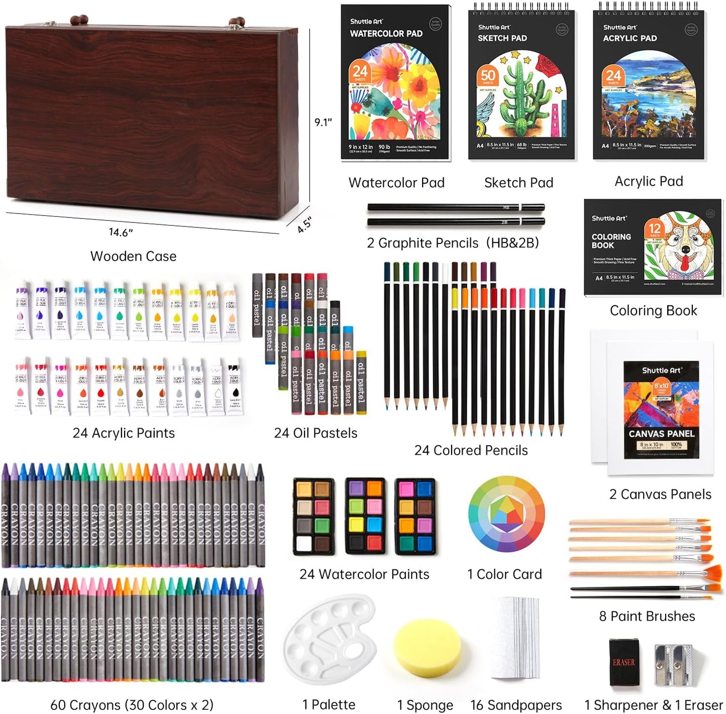 Shuttle Art Deluxe Gift Art Kit, 202-Piece Wooden Art Supplies Set with 4 Drawing Pads, Canvases, Coloring Sheets, Acrylic Paint, Crayons, Oil Pastels, Colored Pencils for Kids