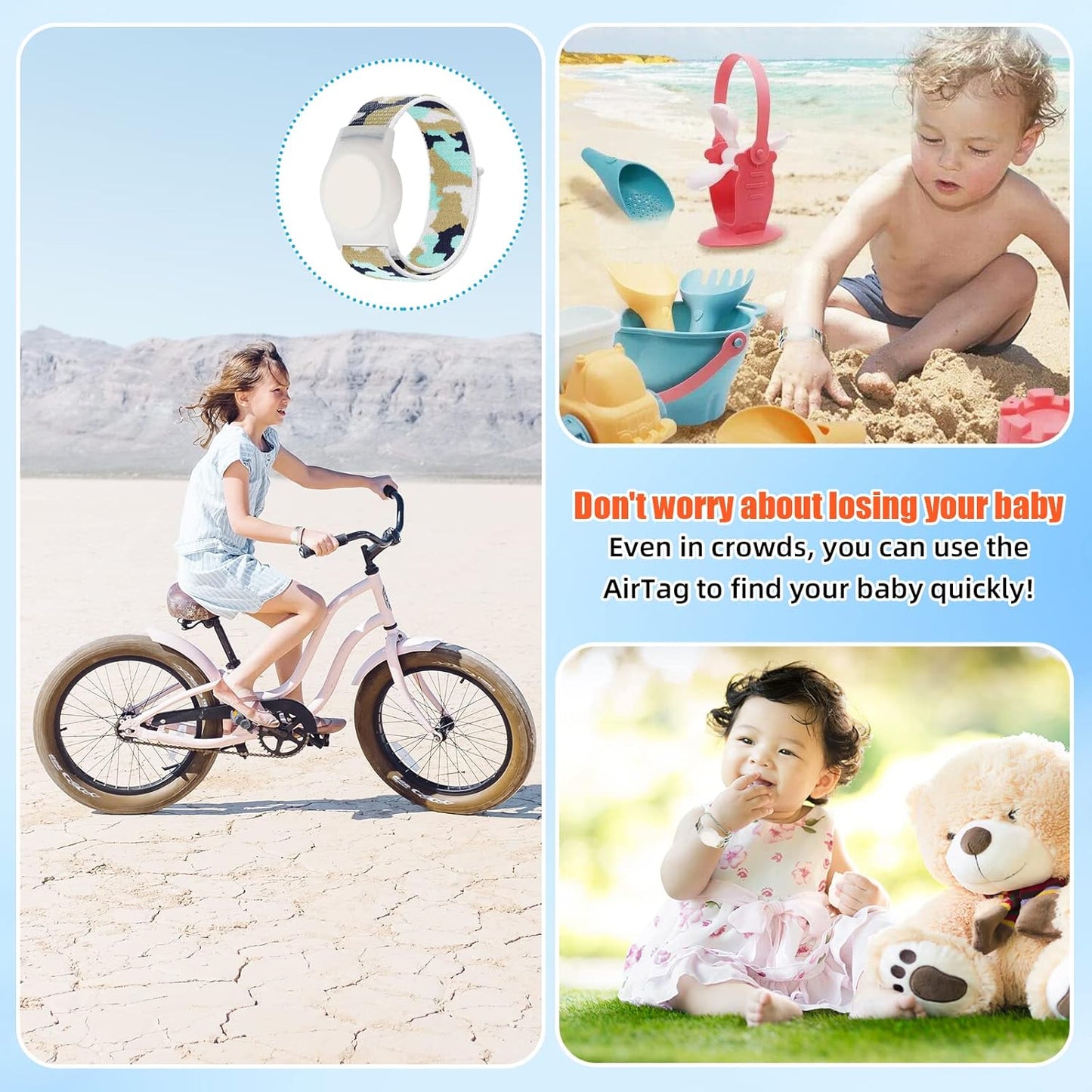 Compatible with Apple AirTag Bracelet for Kids, Camo Nylon Air Tag Wristband, Protective Case for Airtag GPS Tracker Holder, Adjustable Anti Lost Watch Band for Toddler Child Elder (Cyan)