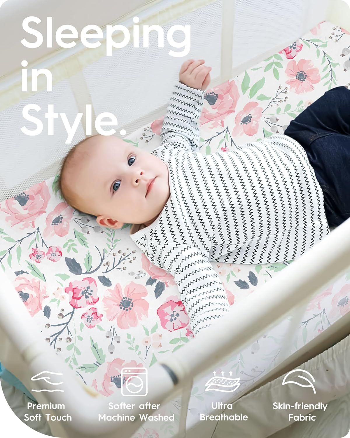 Pack N Play Sheets Girl, TotBasic Floral Mini Crib Sheets Fitted, Premium Jersey Knit Pack and Play Sheets, Stretchy Play Yard Sheets for Pack and Play Mattress, 2 Pack (Pink Floral)