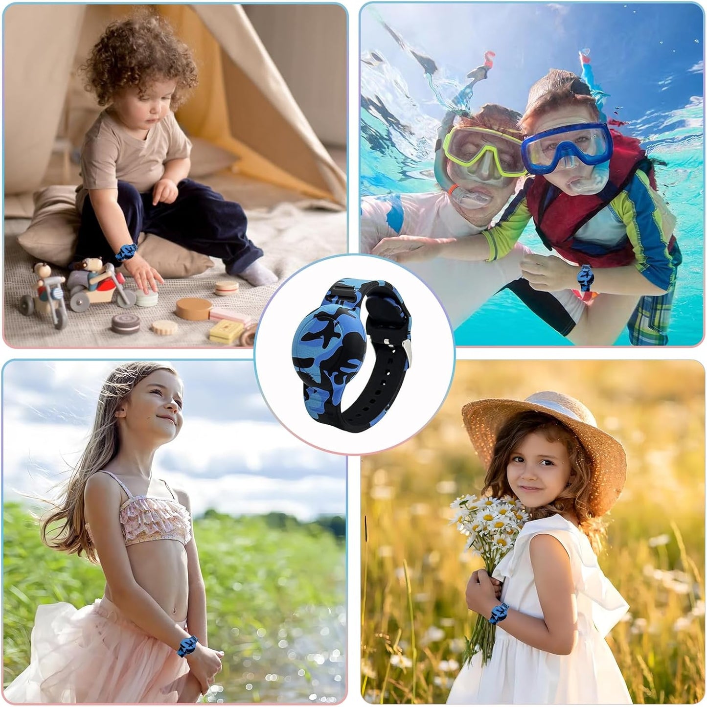 Waterproof AirTag Bracelet for Kids, Soft Silicone Air Tag Hidden Holder Case Compatible with Apple Airtag, Adjustable Anti-Lost Printed Strap GPS Traker for Toddler Child(Camouflage Blue)