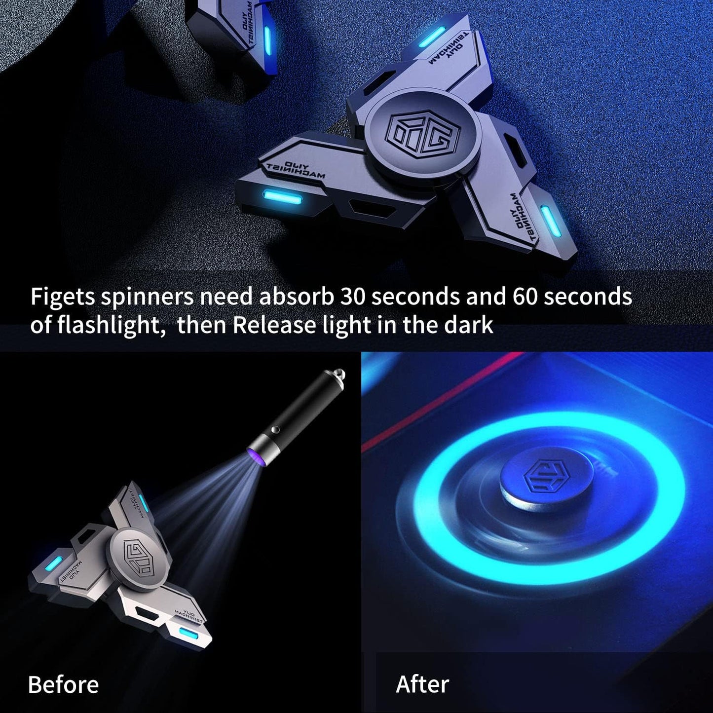Fidget Spinners, Spinner Gifts for Adults and Kids, Stress Anxiety ADHD Relief Figets Toy, Metal Finger Hand Toy with Luminous Light, Absorb Solar Light Then Release in Dark
