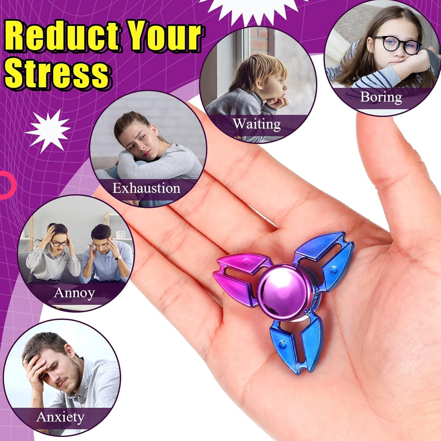 Woanger 24 Pcs Cool Spinners Metal Looking Spinner Toy Finger Spinners Toy Pack Stress Relief Hand Spinner for Adults Teens Anxiety Party Favor Stocking Stuffers Gift(Golden Purple)