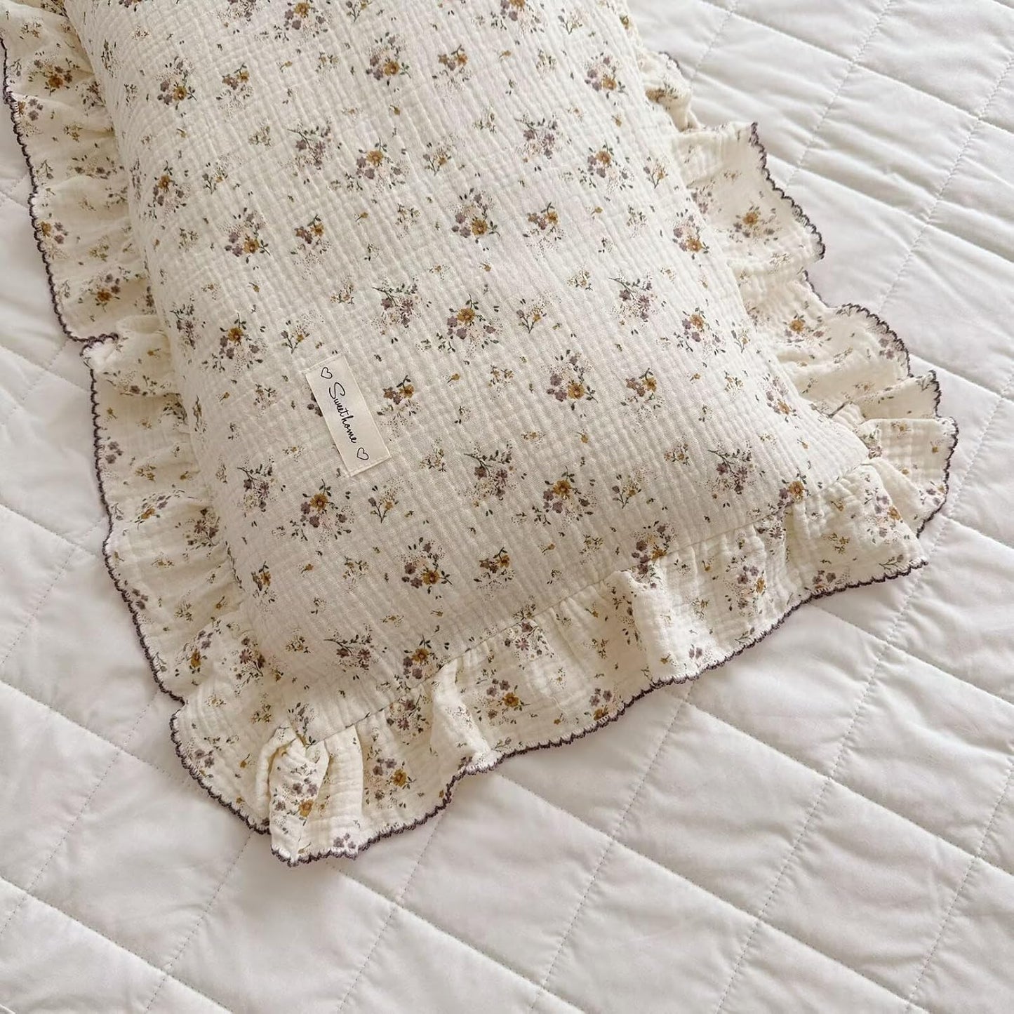 BuLuTu Cotton Muslin Pillow Case King Pillowcase Sweet Floral Design Pillowcases Enveloped Closure Vintage Ruffled Pillow Cover for Teens Adults, 20x36 inch, 1 Piece, Crapemyrtle