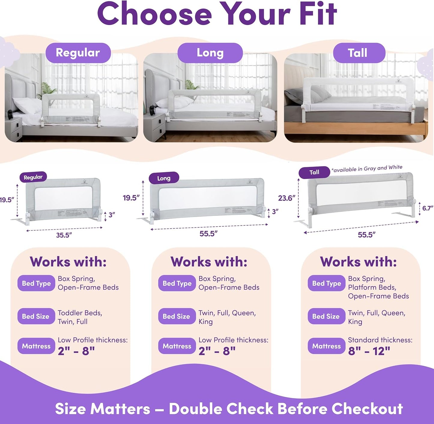 ComfyBumpy 1-Pack Bed Rail for Toddlers 55.5" L x 19.5" H | Toddler Bed Rails for Twin, Full, Queen & King Mattress Size | Swing Down Rail Guard | Mattress Side Rail for Kids | Gray