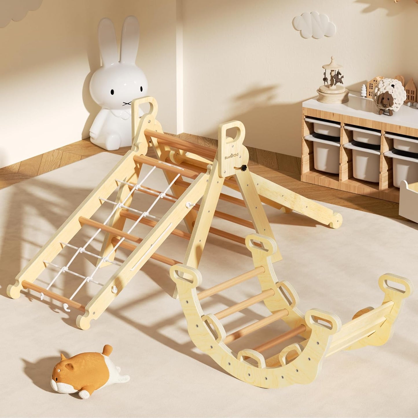 BlueWood 2025 8-in-1 Pikler Triangle Climbing Set Toddler Toys Indoor Baby Jungle Gym Climber Playground for Kids - Natural Wood
