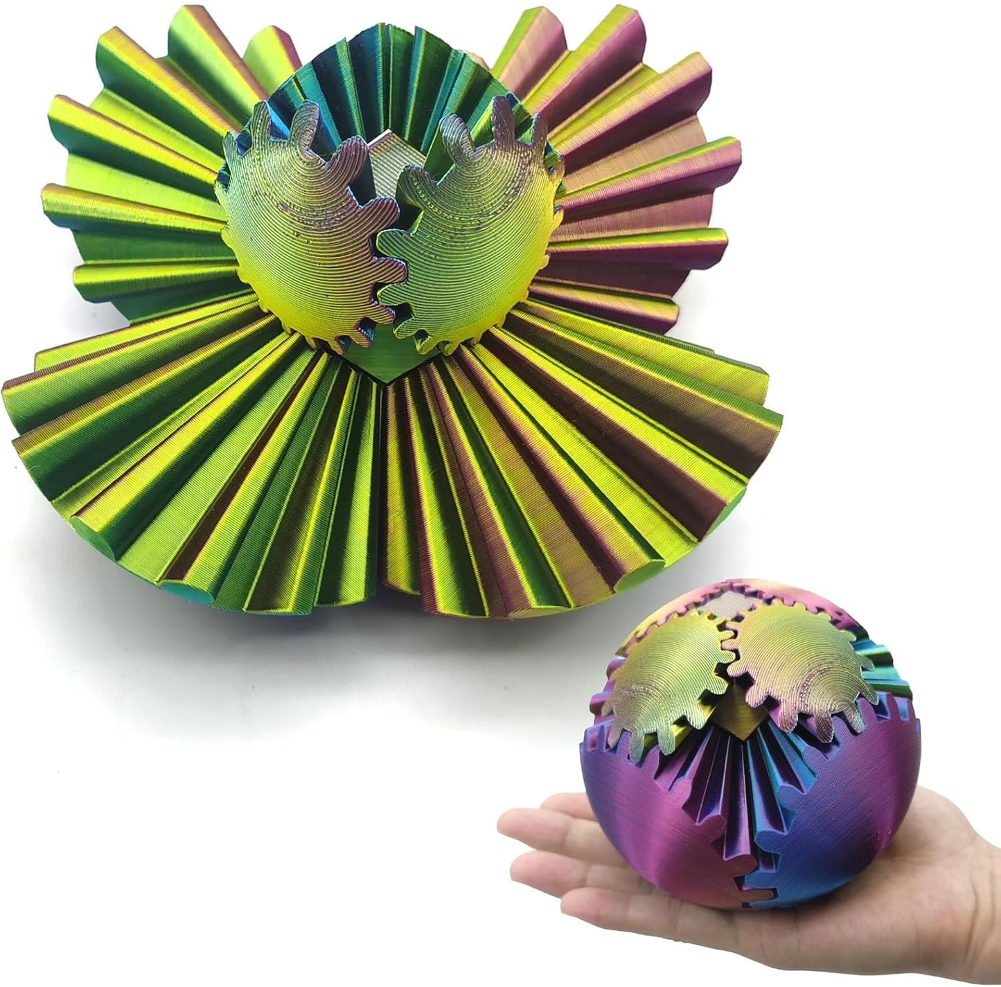 3D Printed Gear Ball Spin Ball, 4inch Large Gear Ball Fidget Toy, Gear Sphere Cube Puzzle, Gearball Fidget Desk Toy, Gearsphere Steampunk Whirling Wonder Fidget Stress Ball (Red Blue Green)