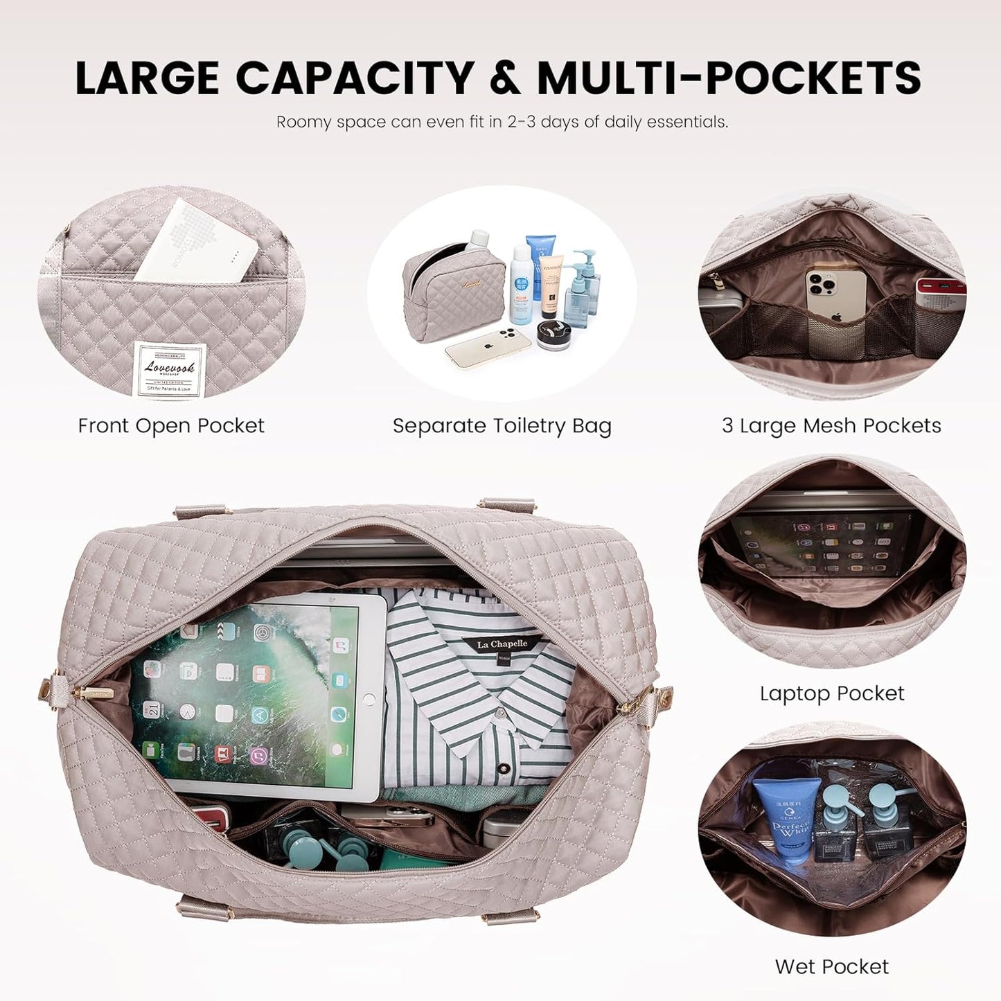 LOVEVOOK Travel Duffle Bag,Weekender Bags for Women with Shoe Compartment，Carry on Overnight Bag with Toiletry Bag,Gym Duffel Bag with Wet Pocket, Hospital Bags for Labor and Delivery