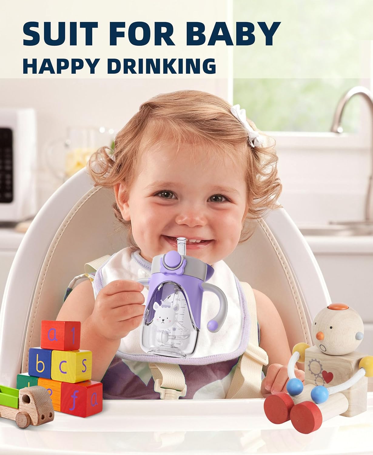 Bunnytoo Baby Sippy Cup with Weighted Straw for Infants 6-12 Months, 8oz Toddler Drinking with Handles, BPA-Free, Transition Trainer for 1+ Year Old (Apricot)