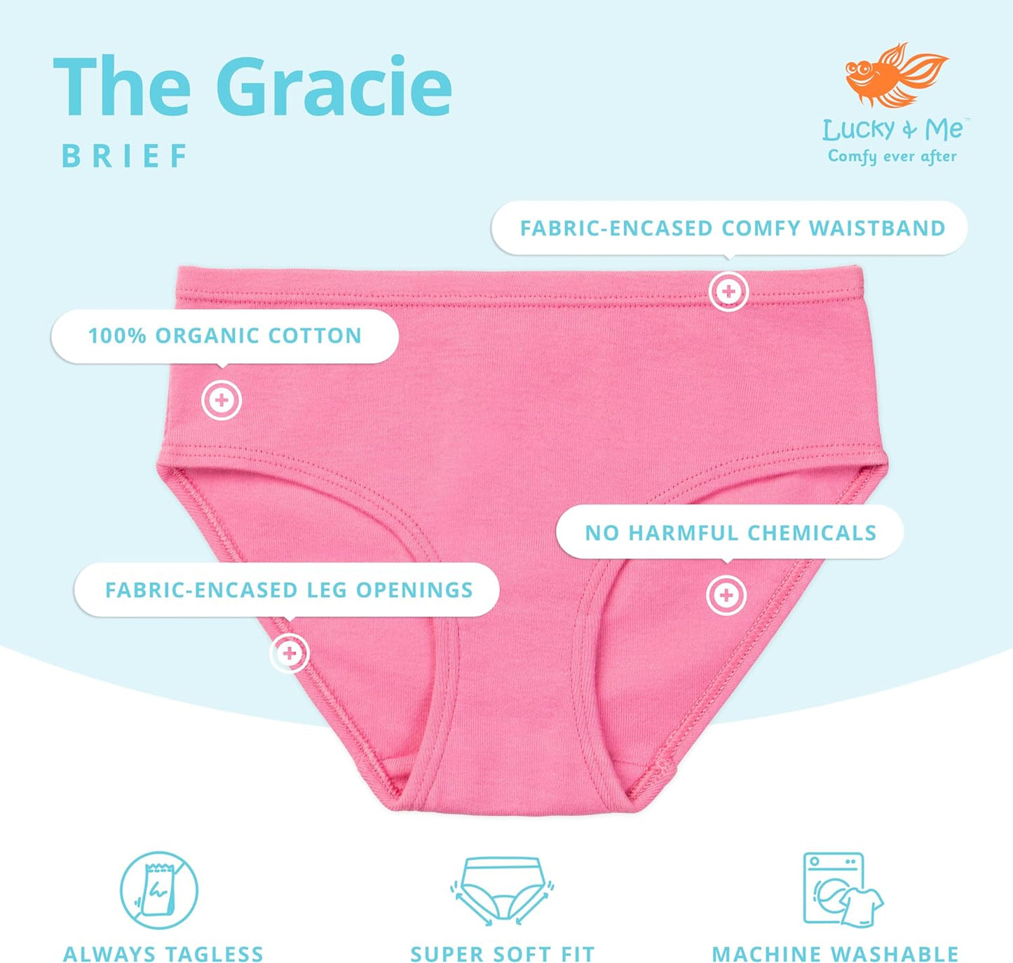 Lucky & Me Girls 100% Organic Cotton Underwear Briefs, Gracie 7 Pack