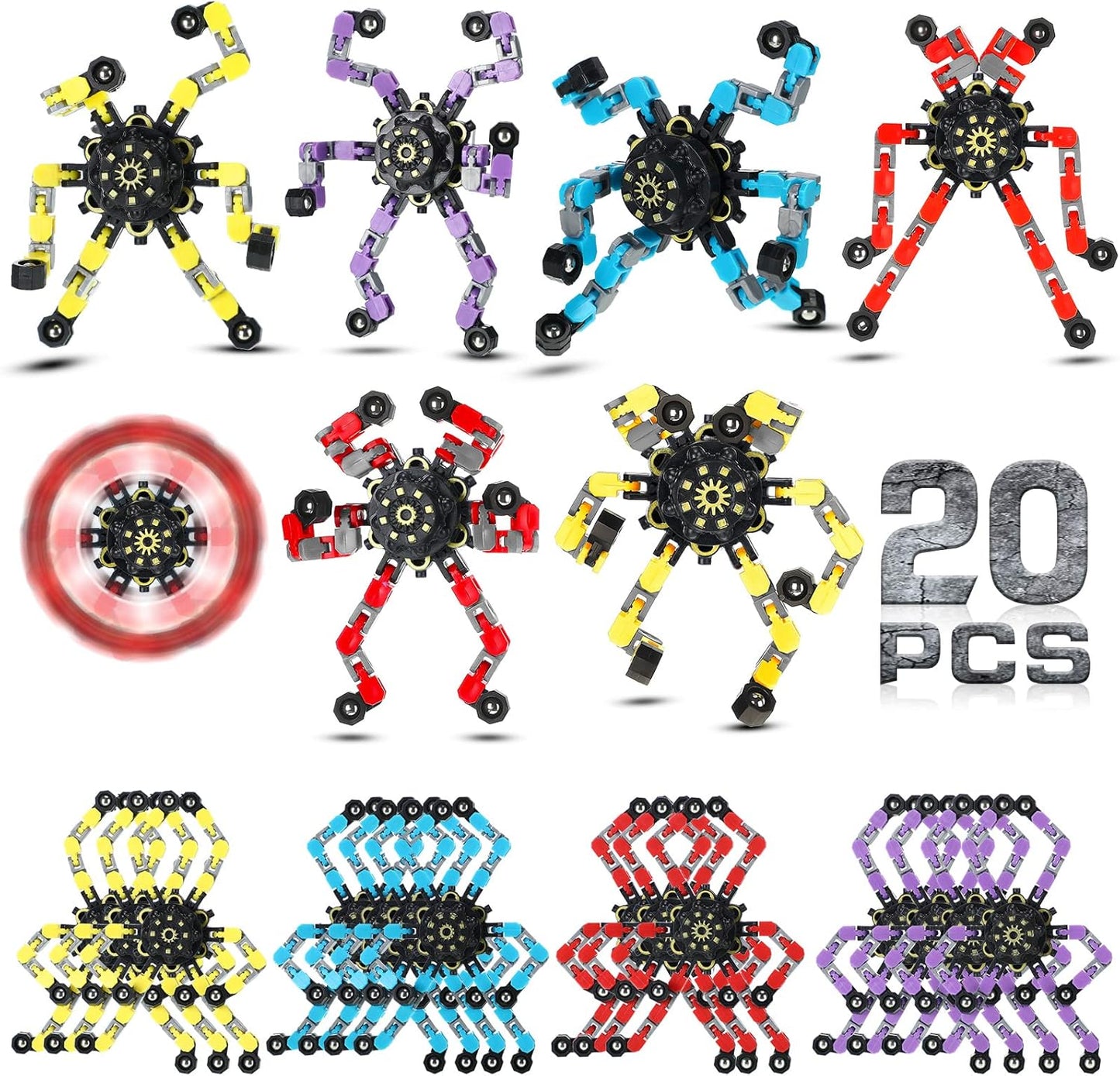 20 Pcs Transformable Chain Robot Finger Spinner Robot Deformed Mechanical Spiral Twister Fingertip Spinners Spiral Twister Fingertip Decompression Fingertip Spinner for Adults Teens