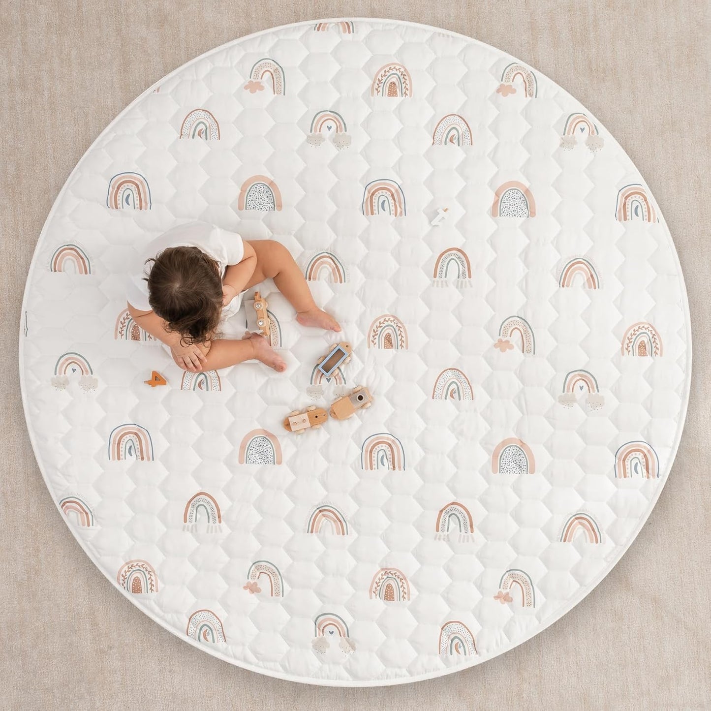 Comfy Cubs Round Kids Play Mat - Large 60 inches Soft Quilted Baby Floor Mat with Non-Slip Bottom - Plush Design for Toddlers' Playtime and Relaxation - Comfortable and Durable - Rainbow