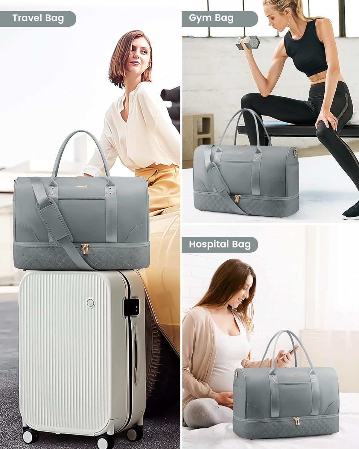 LOVEVOOK Travel Bag,Weekender Bag for Women Travel Duffle Bag with Shoe Compartment,Carry on Overnight Bag with Wet Pocket,Gym Yoga Duffel Bag,Hospital Bags for Labor and Delivery,3 Pcs Set