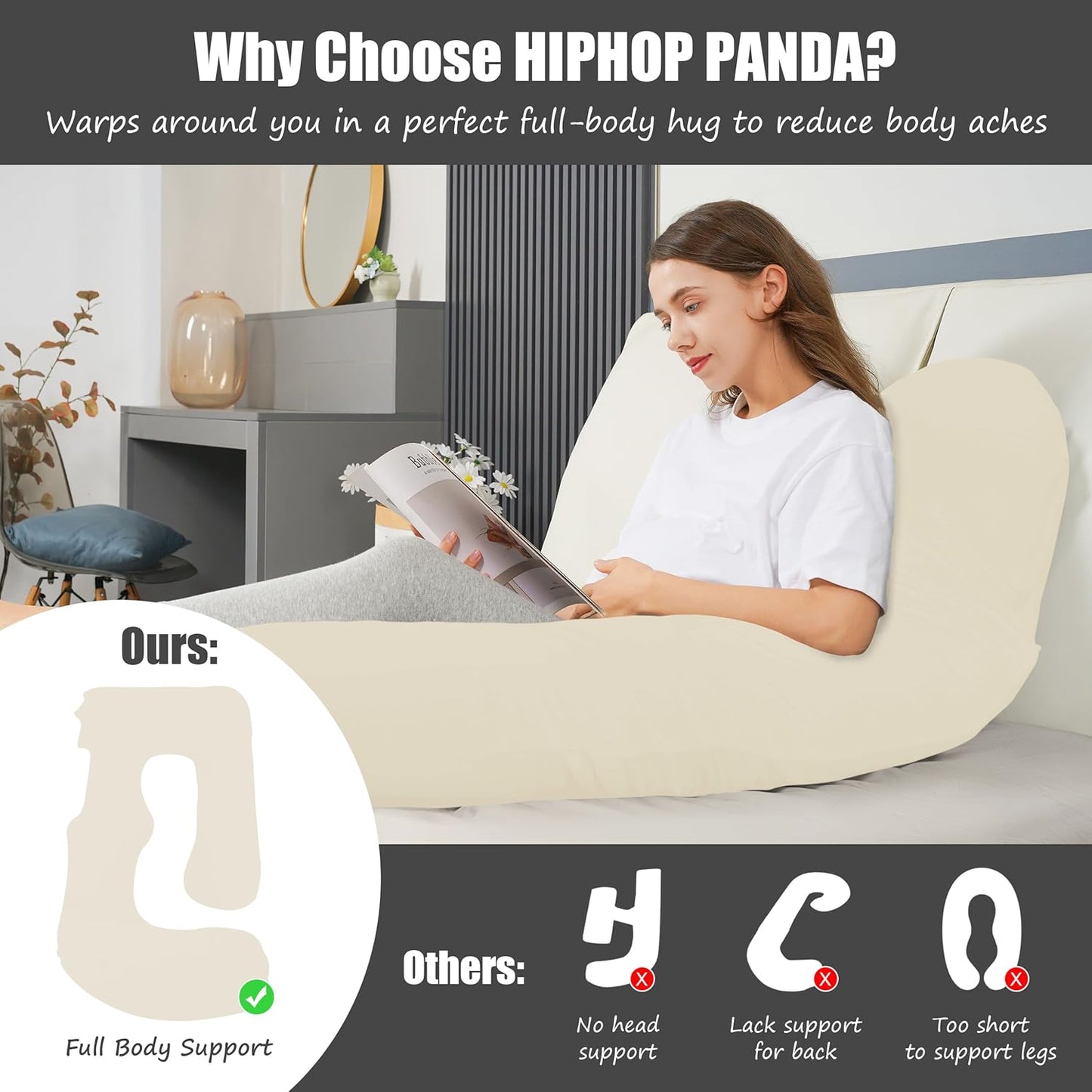 HIPHOP PANDA U-Shaped Pregnancy Pillow for Sleeping - Full Body Maternity Support Pillow with Cooling Removable Cover - Comfort for Back, HIPS, Legs, Belly - 57 Inch for Pregnant Women, Ivory