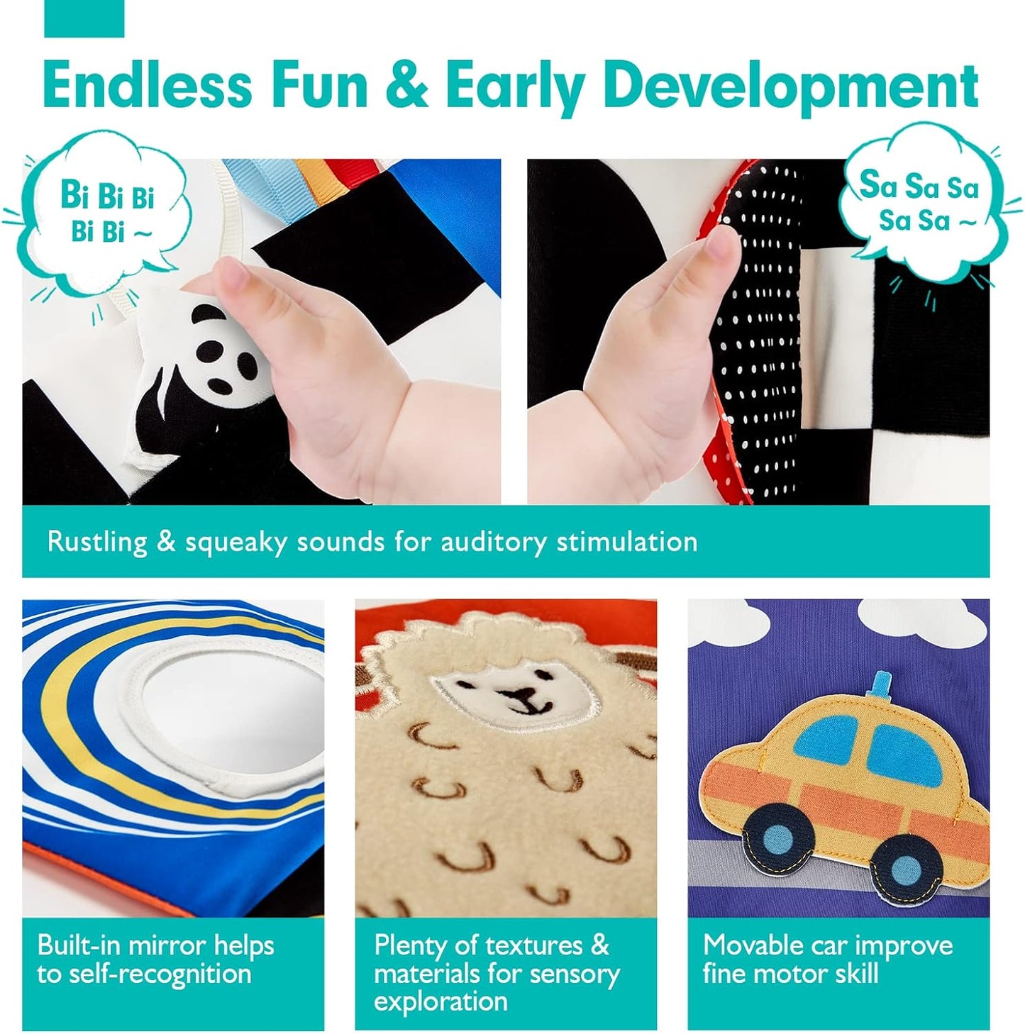 hahaland Baby Toys 0-6 Months - High Contrast Newborn Toys - Baby Tummy Time Books 0-6 Months with Crinkle, Squeaky Sounds, Touch Feel, Visual Stimulation